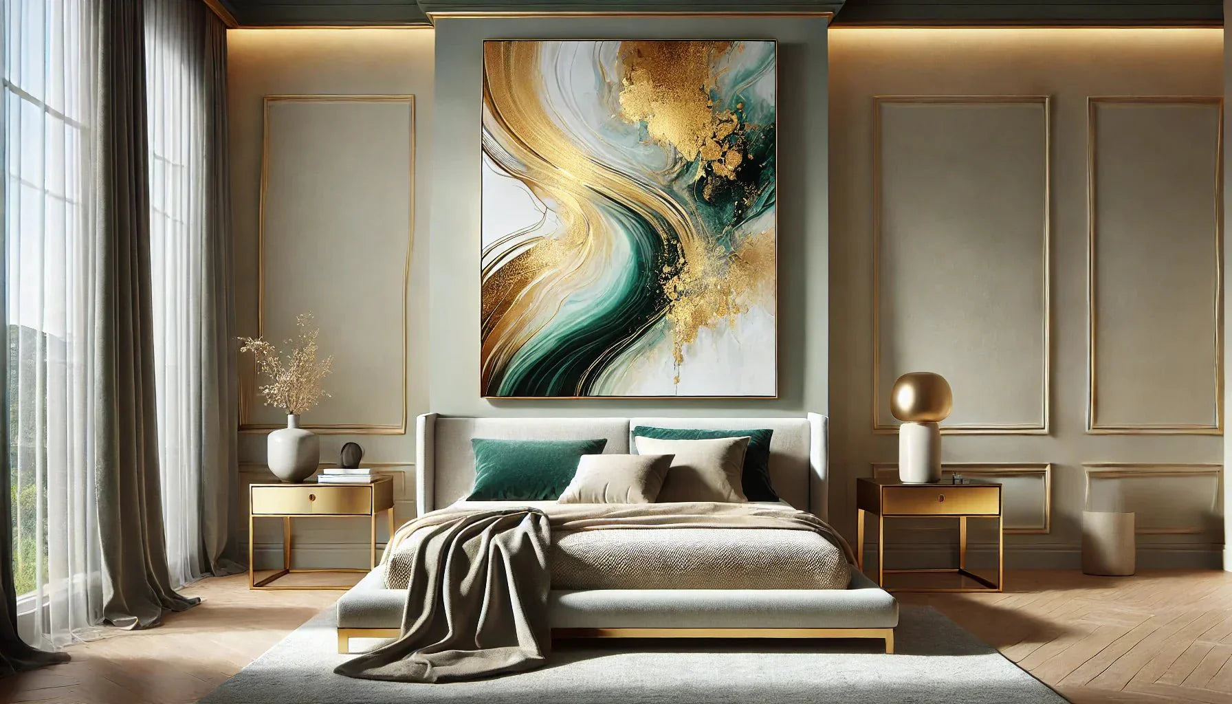 Une chambre moderne avec un tableau abstrait acrylique aux tons dorés et émeraude. Le mobilier élégant en beige et les détails métalliques accentuent le luxe et l’éclat de l’œuvre. La lumière naturelle illumine l’espace, mettant en valeur les textures flu