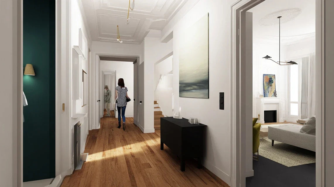 Art mural : transition visuelle entre salon animé et chambre calme