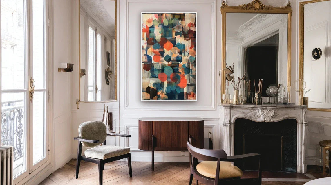 Tableau vertical dans un coin trop meublé : effet équilibrant