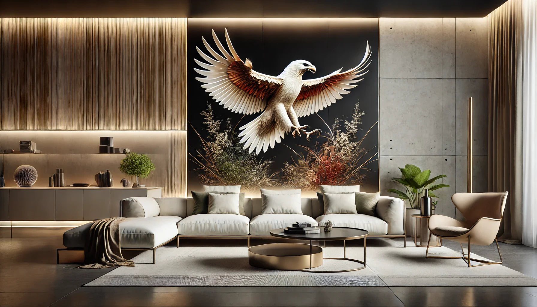 Tableau d’aigle majestueux dans un salon moderne au design épuré, avec des tons neutres et une ambiance luxueuse. Idéal pour créer un point focal élégant et sophistiqué.