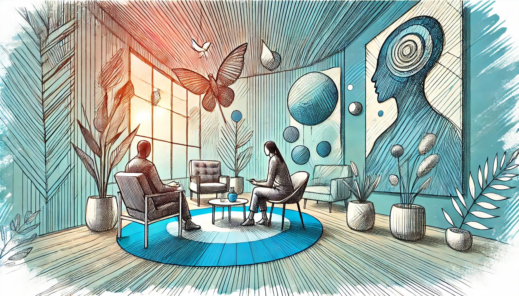 Intérieur moderne avec des personnes discutant dans un espace artistique avec des éléments graphiques