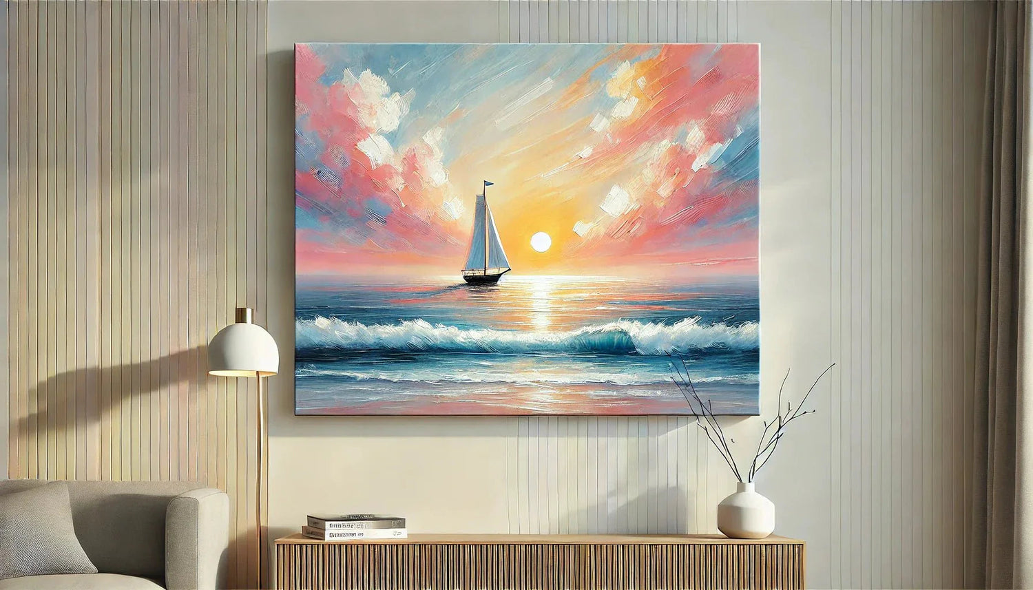 "Tableau abstrait voilier pastel au coucher de soleil, idéal pour un bureau moderne. Nuances de rose, orange et bleu inspirant calme et sérénité sur une mer paisible."