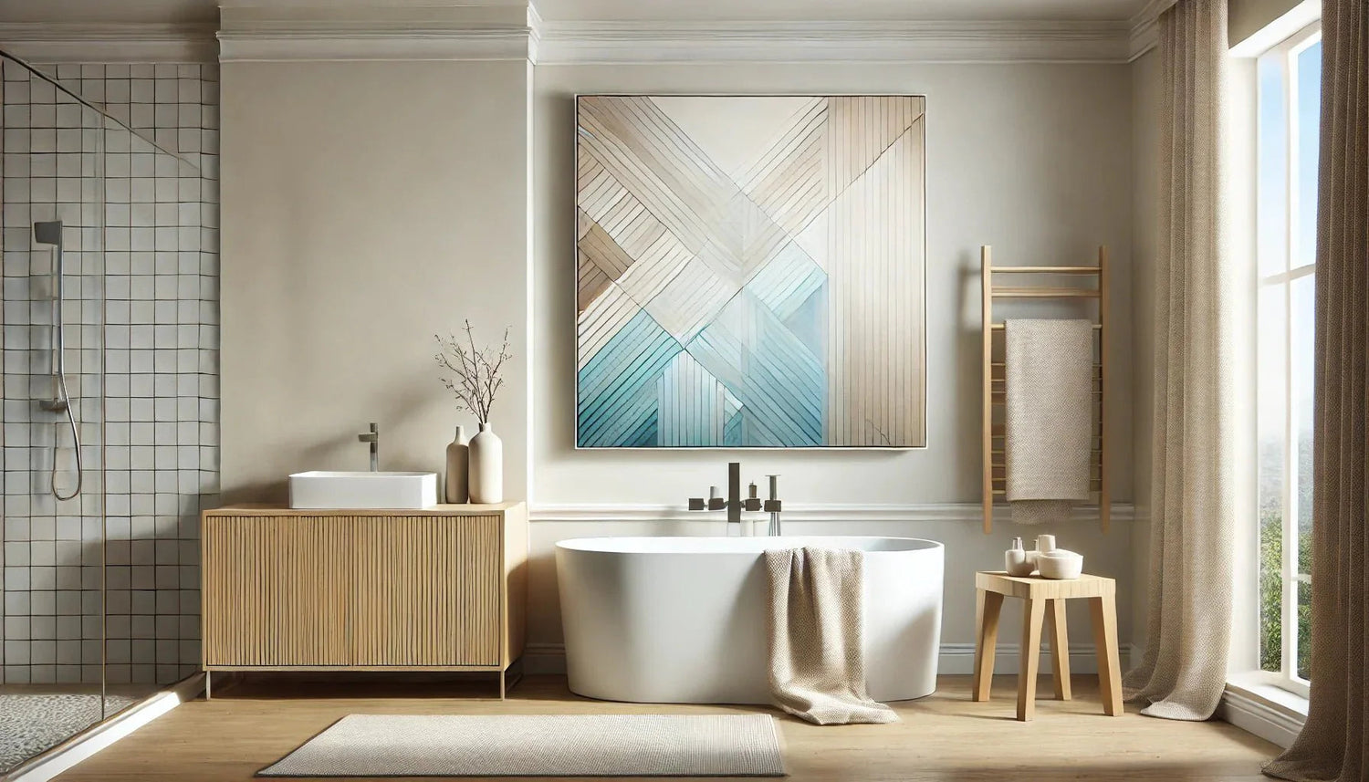 Salle de bain minimaliste avec un tableau géométrique abstrait aux tons bleu, beige et blanc, créant une atmosphère moderne et apaisante."
