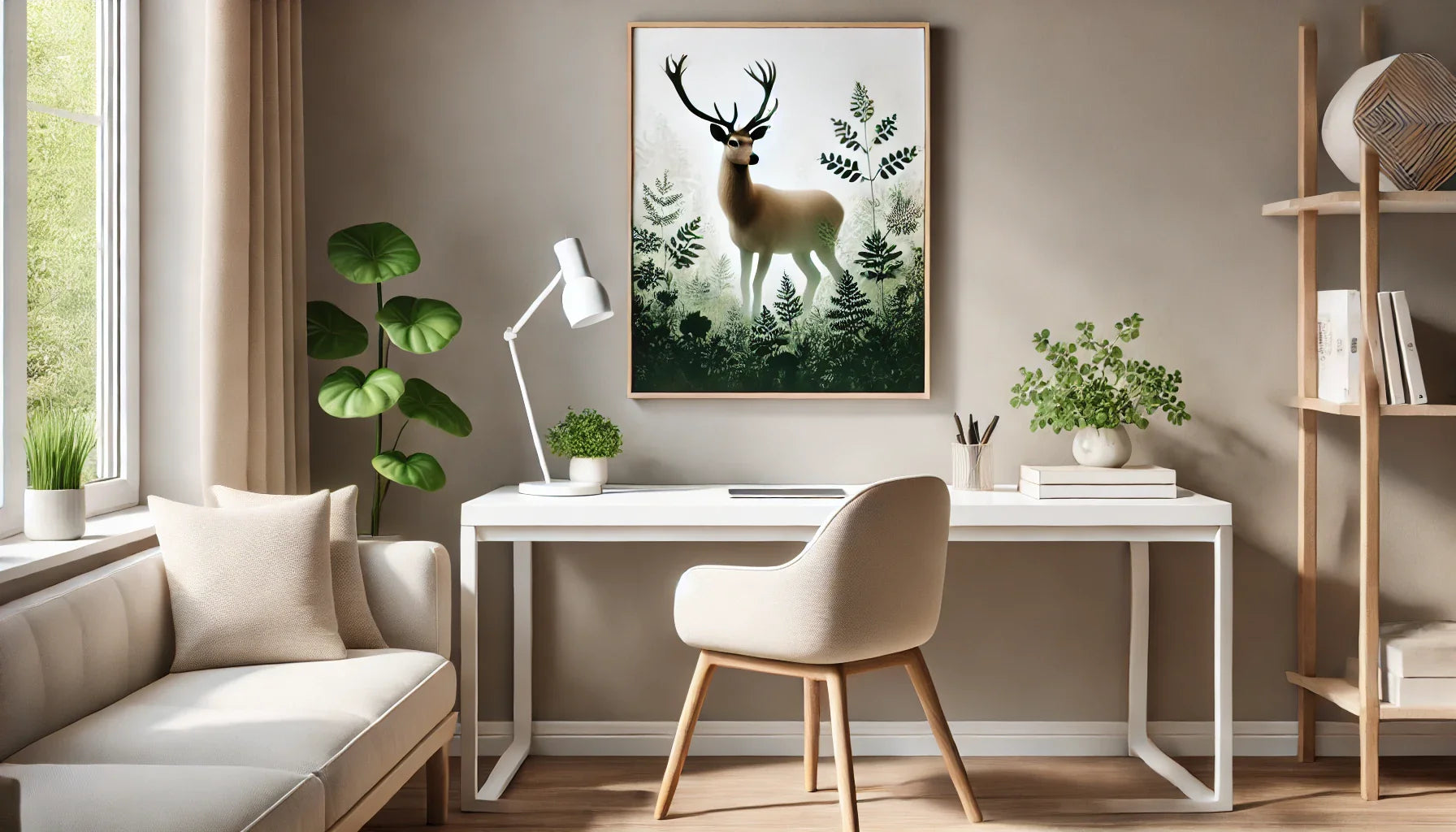Espace de travail serein avec un bureau en bois clair, des murs beige doux, et un tableau en verre acrylique représentant une biche dans une forêt brumeuse, illuminé par une lumière naturelle apaisante.