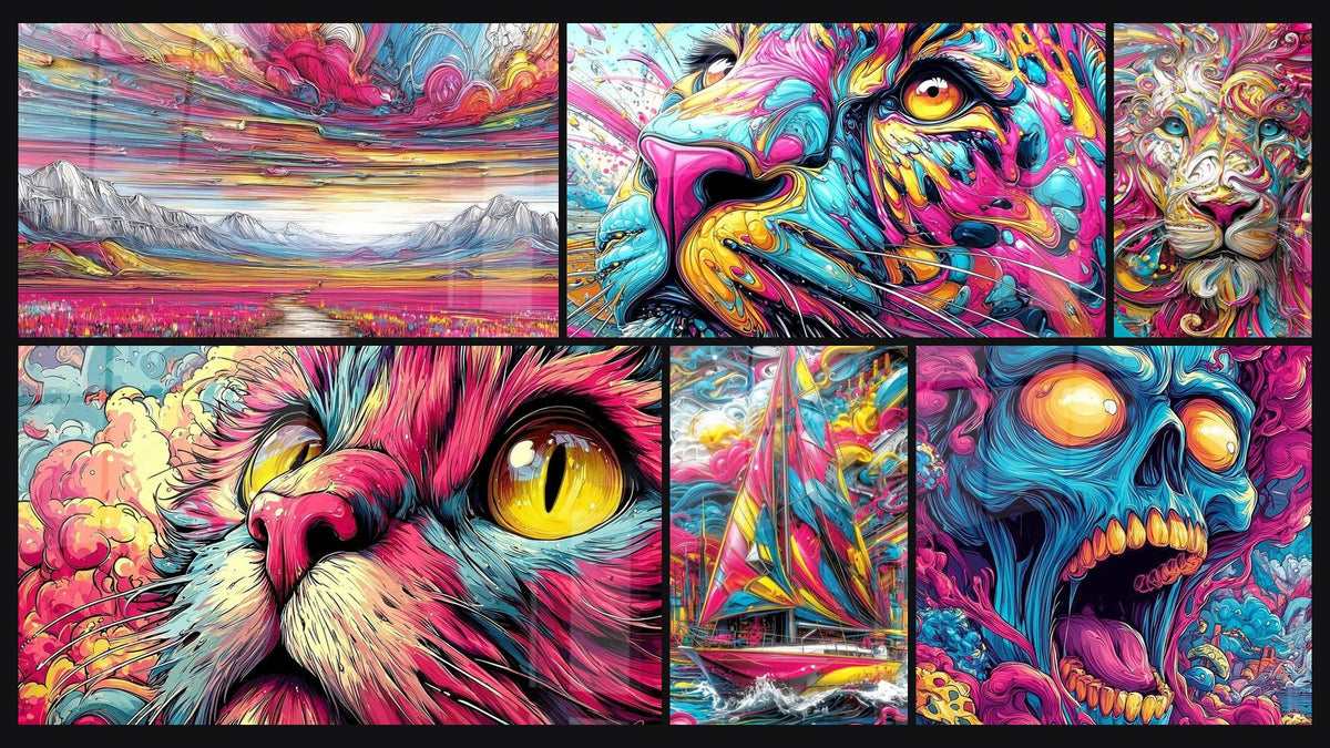 Mozaïek van zes schilderijen, waaronder Berglandschap, Psychedelische kat en Veelkleurig zeilboot