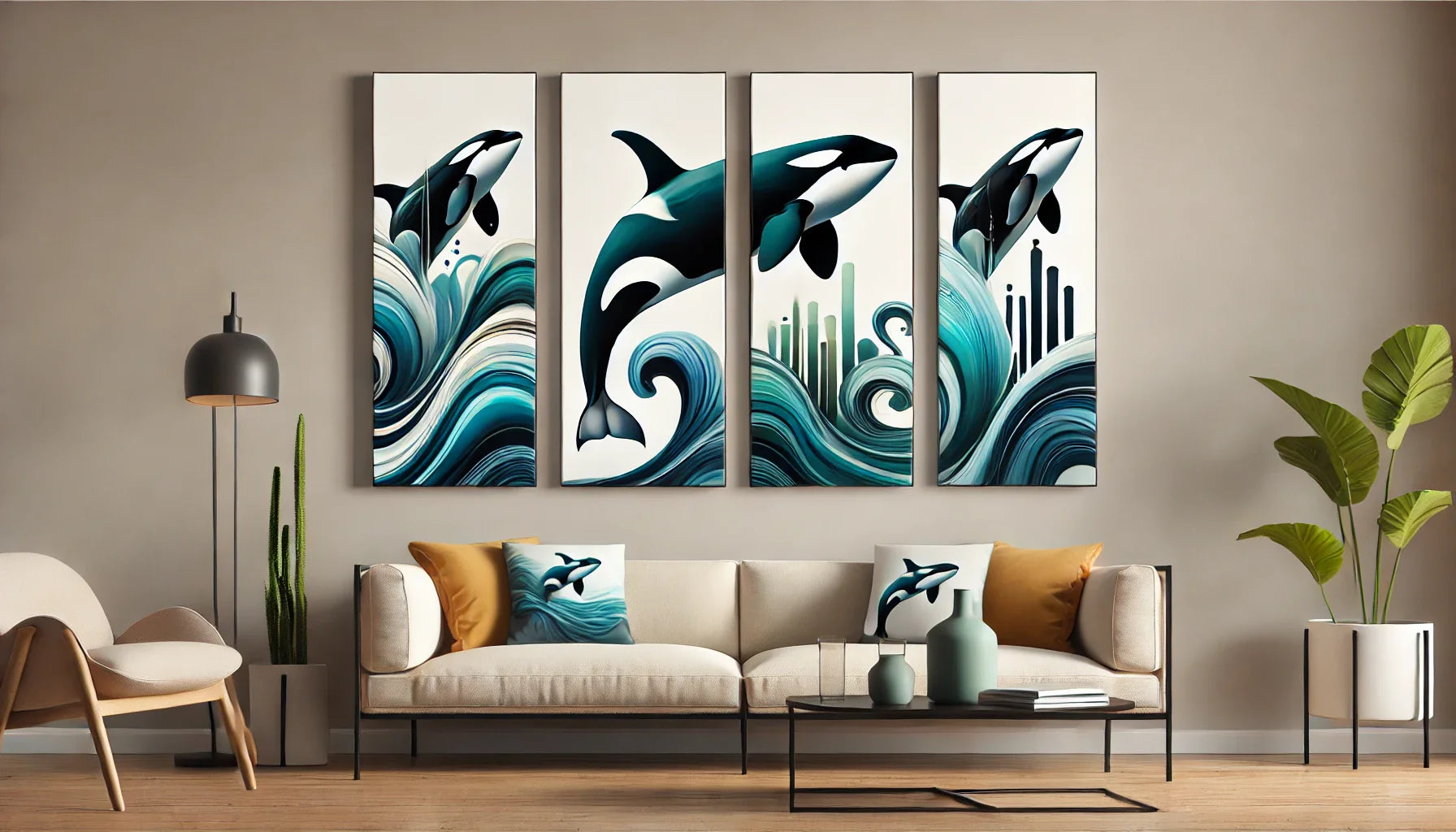 Une composition horizontale mettant en scène quatre tableaux orques aux styles variés, combinant des designs abstraits et dynamiques avec des palettes de couleurs marines, parfaits pour une décoration de salon inspirée par l’océan.