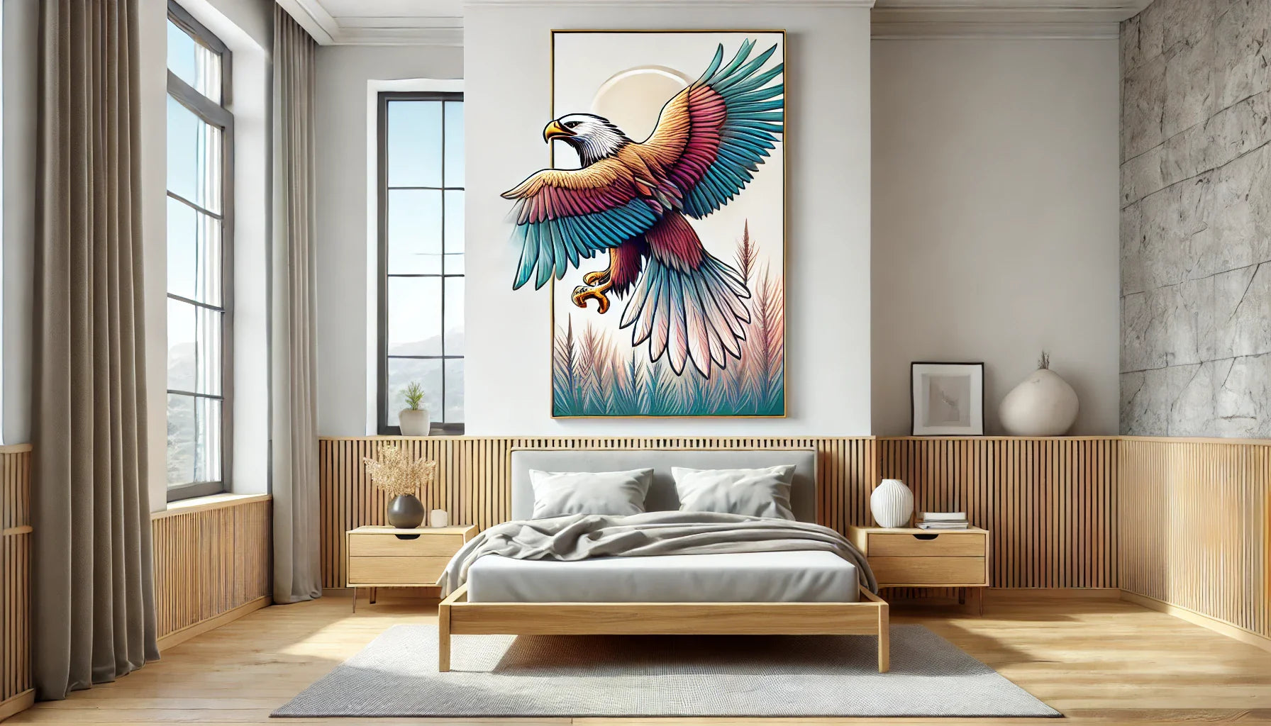Tableau d'un aigle majestueux en plein vol, affiché au-dessus d'un lit dans une chambre moderne avec des tons pastel et une décoration minimaliste, créant une ambiance sereine et élégante.