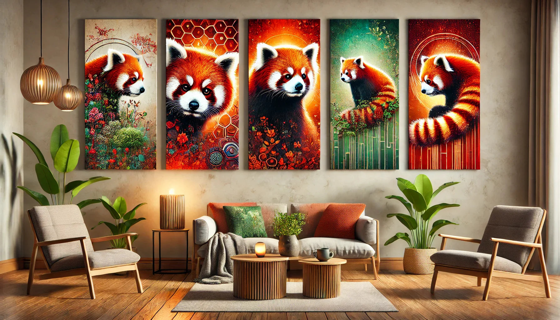 Une composition horizontale regroupant cinq tableaux artistiques représentant des pandas roux dans des styles variés tels qu’abstrait, réaliste et texturé. Ces œuvres sont disposées dans un salon moderne avec des murs neutres, des meubles en bois naturel,