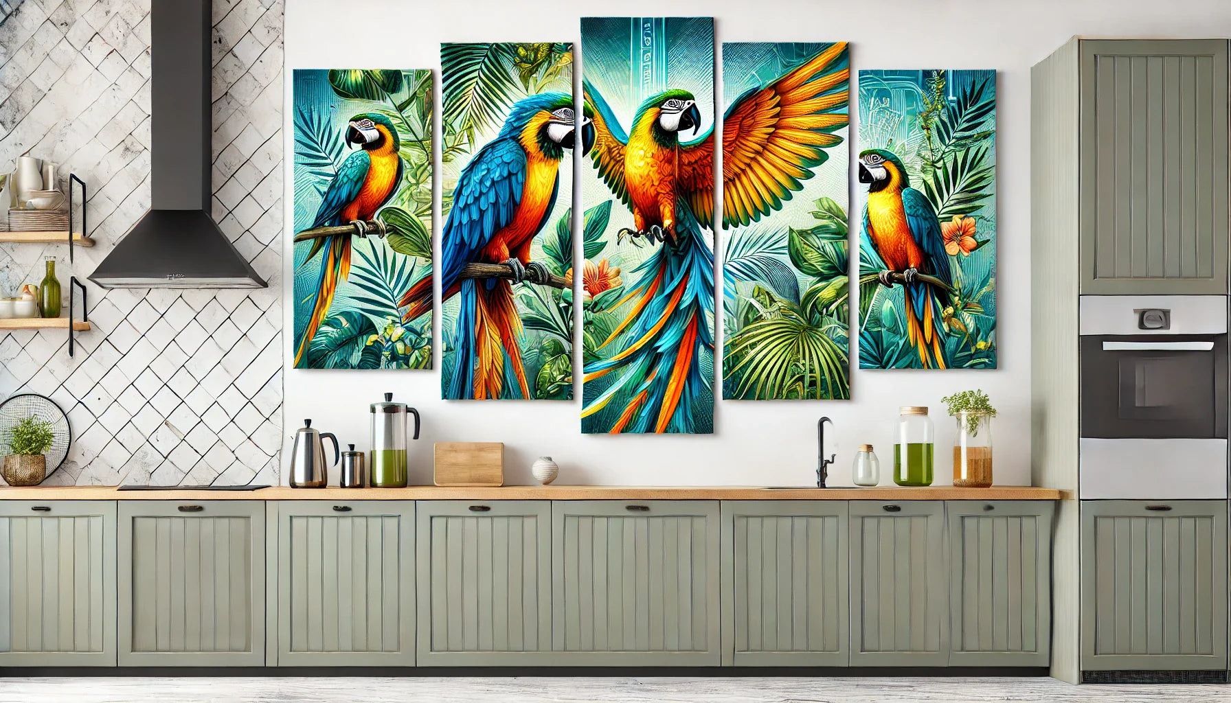 "Une composition horizontale regroupant des tableaux perroquet aux couleurs vibrantes et motifs tropicaux. Ces œuvres capturent la vitalité et l’énergie tropicale, parfaitement adaptées à une cuisine moderne et accueillante."