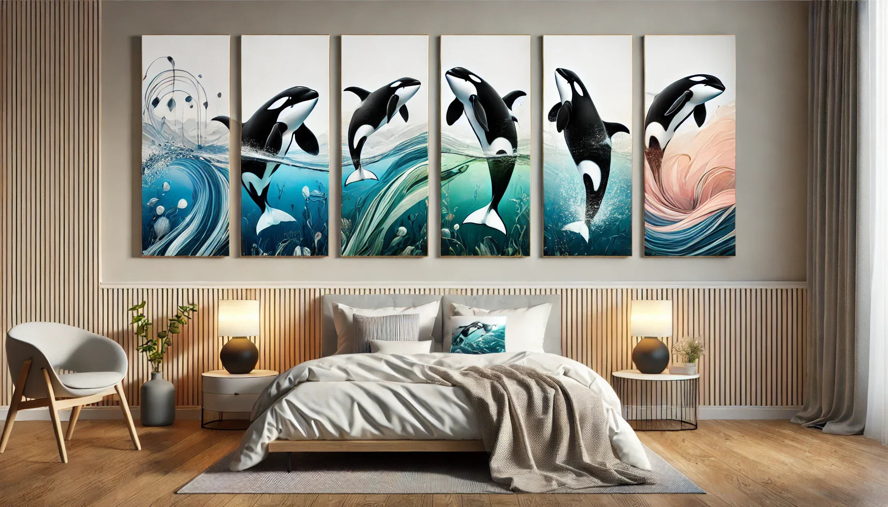 Une composition horizontale mettant en scène cinq tableaux orques artistiques et variés, parfaits pour une chambre marine et apaisante. Chaque tableau capture l’essence de l’océan avec des designs modernes, lumineux et fluides
