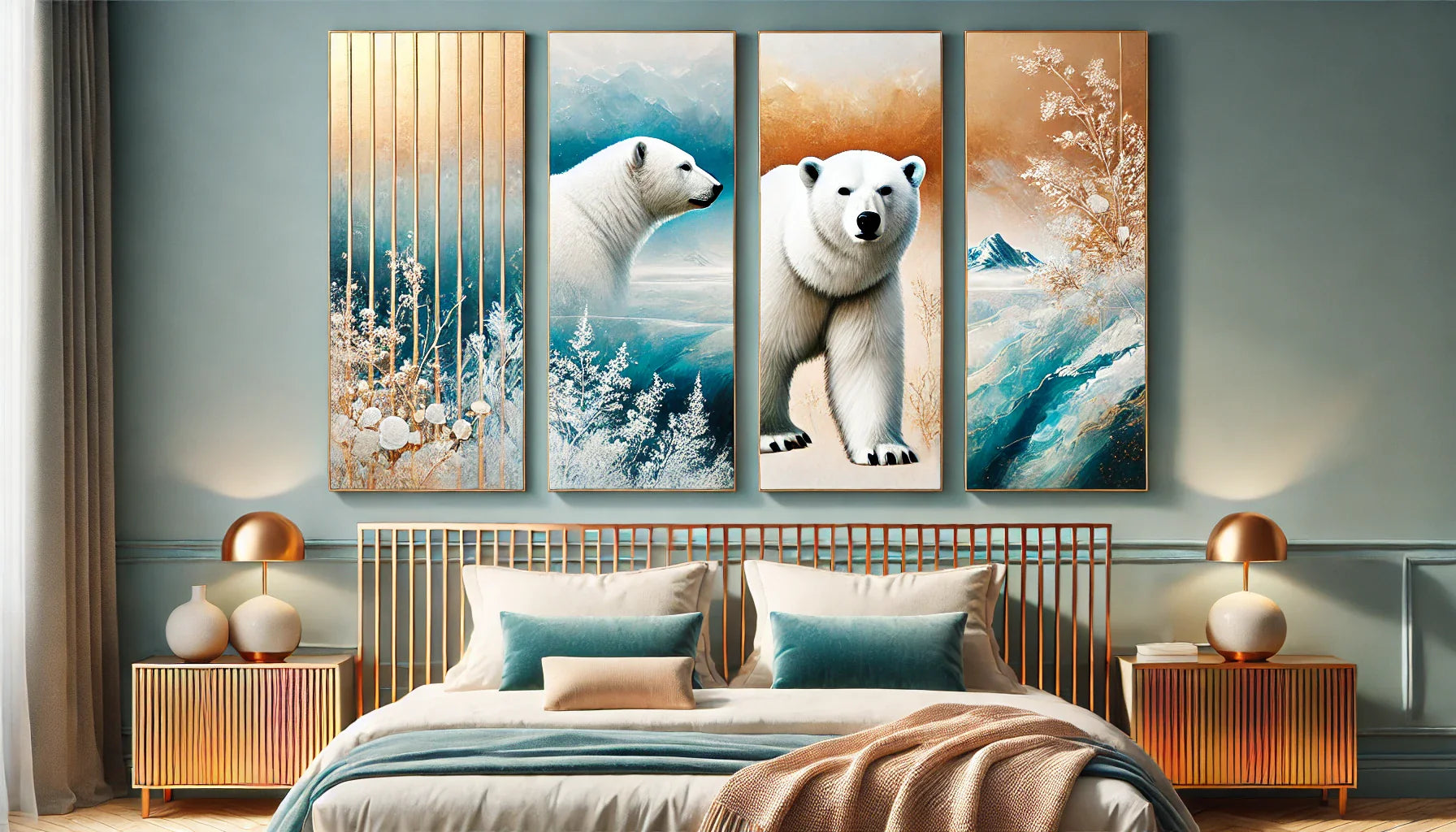 Composition horizontale présentant quatre tableaux artistiques d’ours polaires dans des styles apaisants et élégants, parfaitement intégrés dans une décoration de chambre naturelle et moderne.
