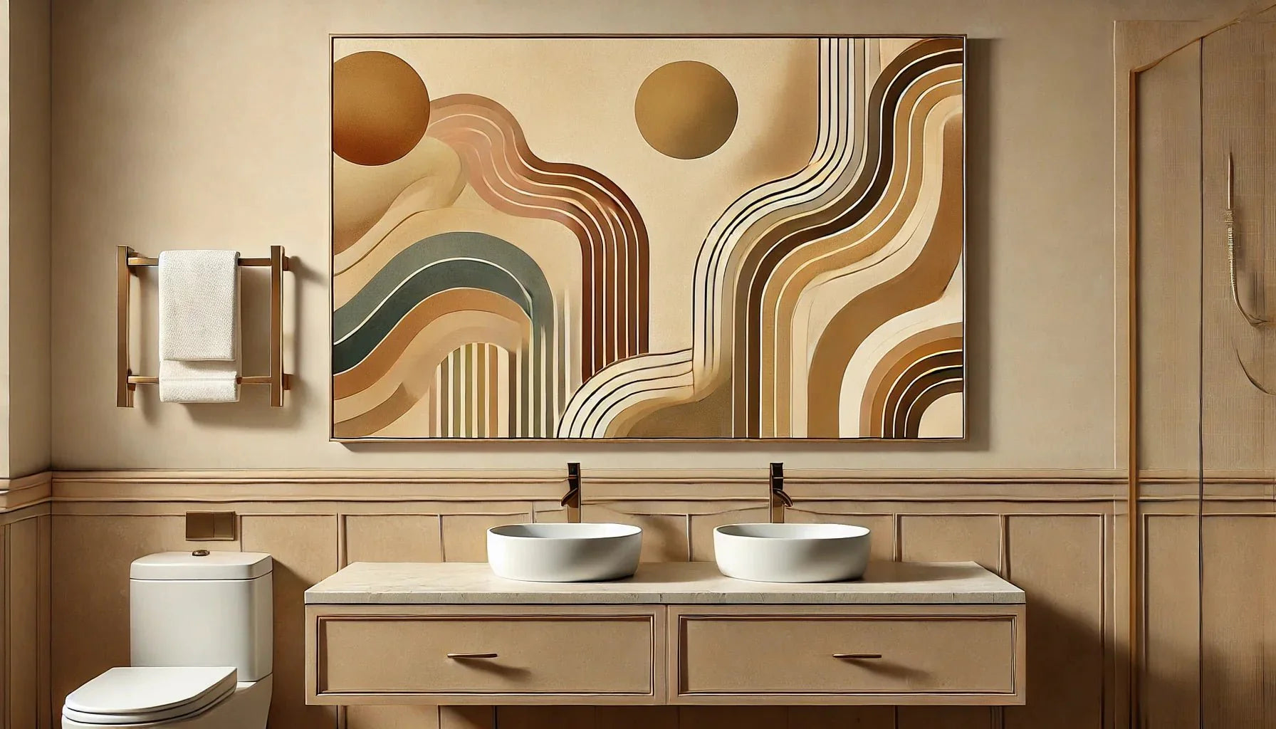 "Tableau abstrait africain avec des formes géométriques fluides et des tons terreux comme le beige, le brun et l'or, idéal pour une salle de bain moderne et minimaliste."
