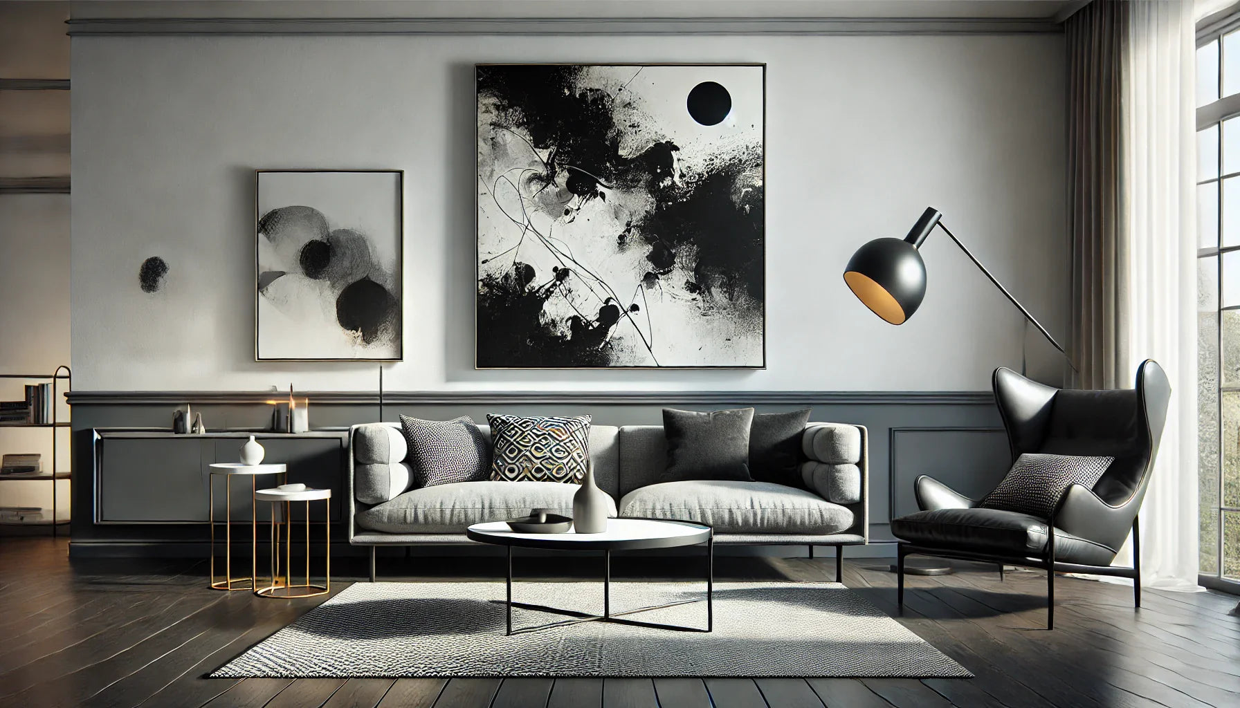 "Salon moderne avec un tableau abstrait noir et blanc au-dessus d’un canapé gris, décor minimaliste et lumineux, créant une ambiance contemporaine et élégante."