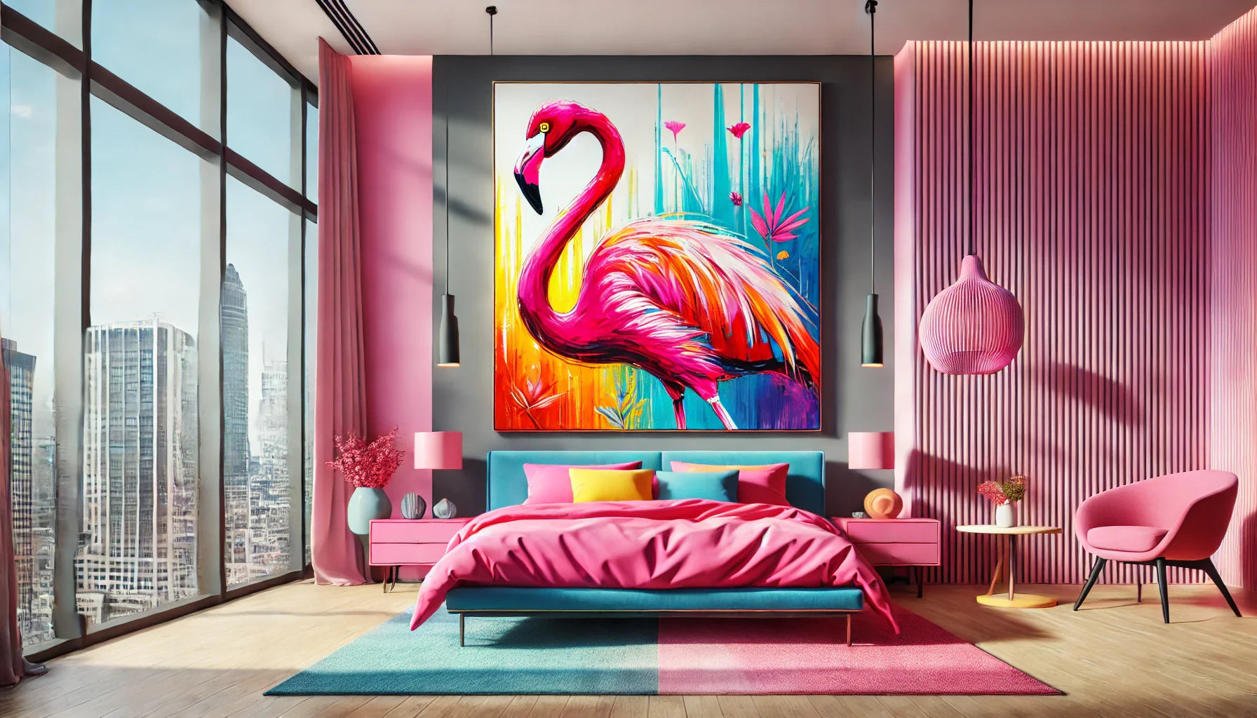Tableau flamant rose dynamique avec des couleurs vives, dans une chambre moderne avec des éléments de design contemporain. L'atmosphère est énergique et inspirante, idéale pour un espace créatif.