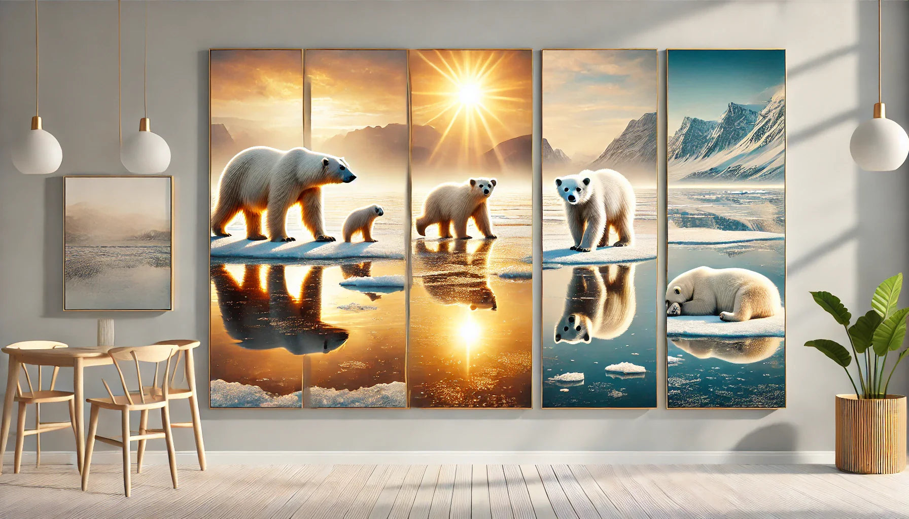 "Une composition horizontale mettant en valeur quatre tableaux d’ours polaires dans des paysages arctiques, capturant des scènes de calme et de beauté naturelle, parfaitement adaptés pour enrichir la décoration moderne d’un salon."
