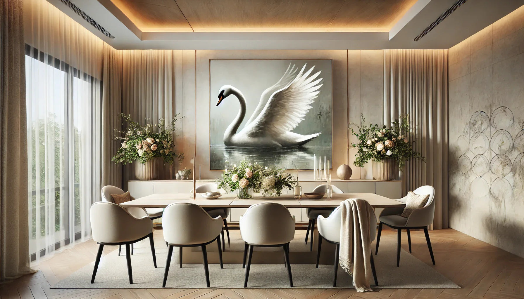 "Œuvre d'art cygne majestueux dans une salle à manger contemporaine. Design minimaliste et couleurs neutres créent une ambiance chaleureuse et élégante."