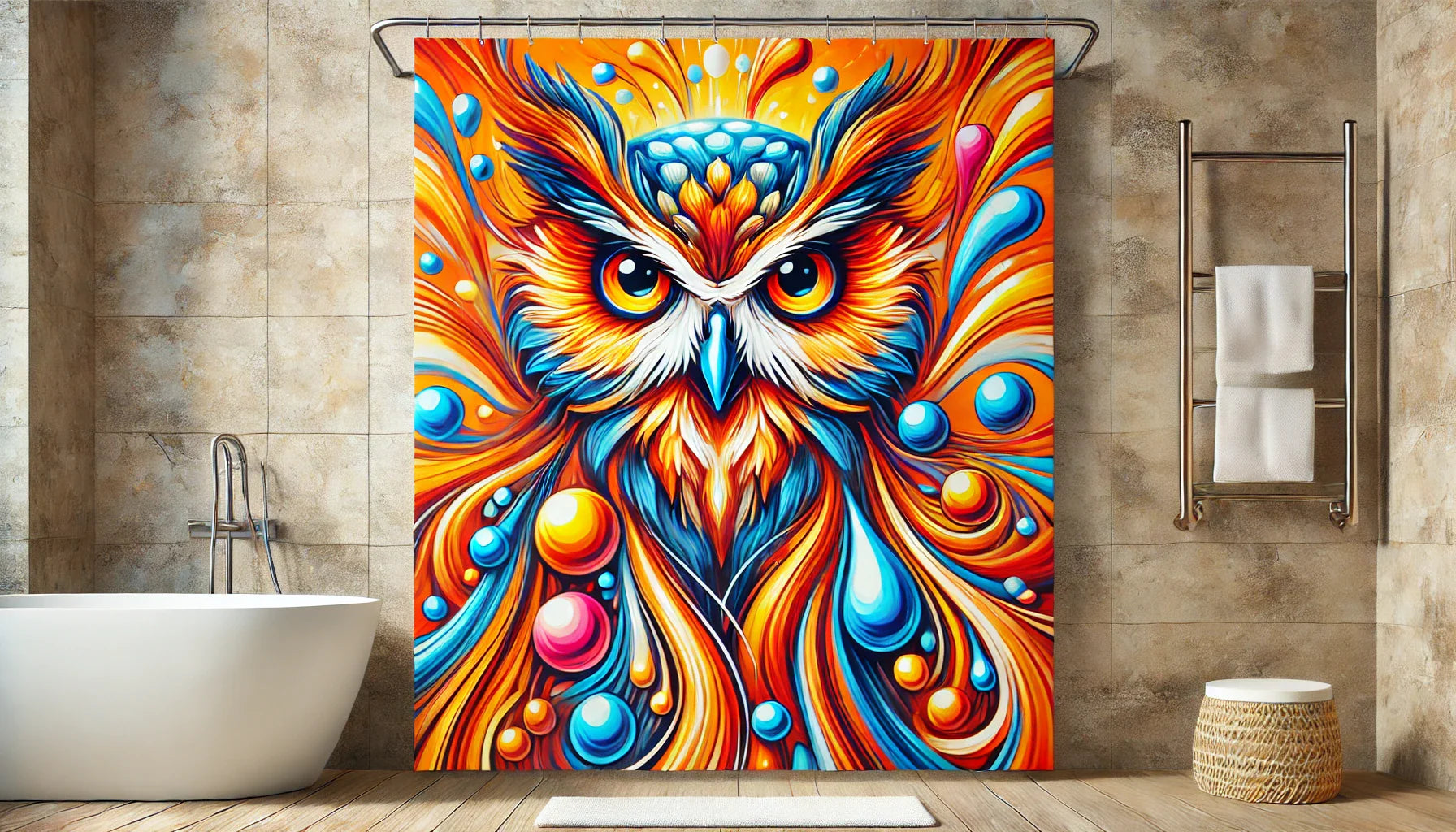 Tableau hibou vibrant et coloré, idéal pour une salle de bain dynamique et énergique. Les couleurs vives et les motifs tourbillonnants apportent une touche moderne et audacieuse à l’espace.