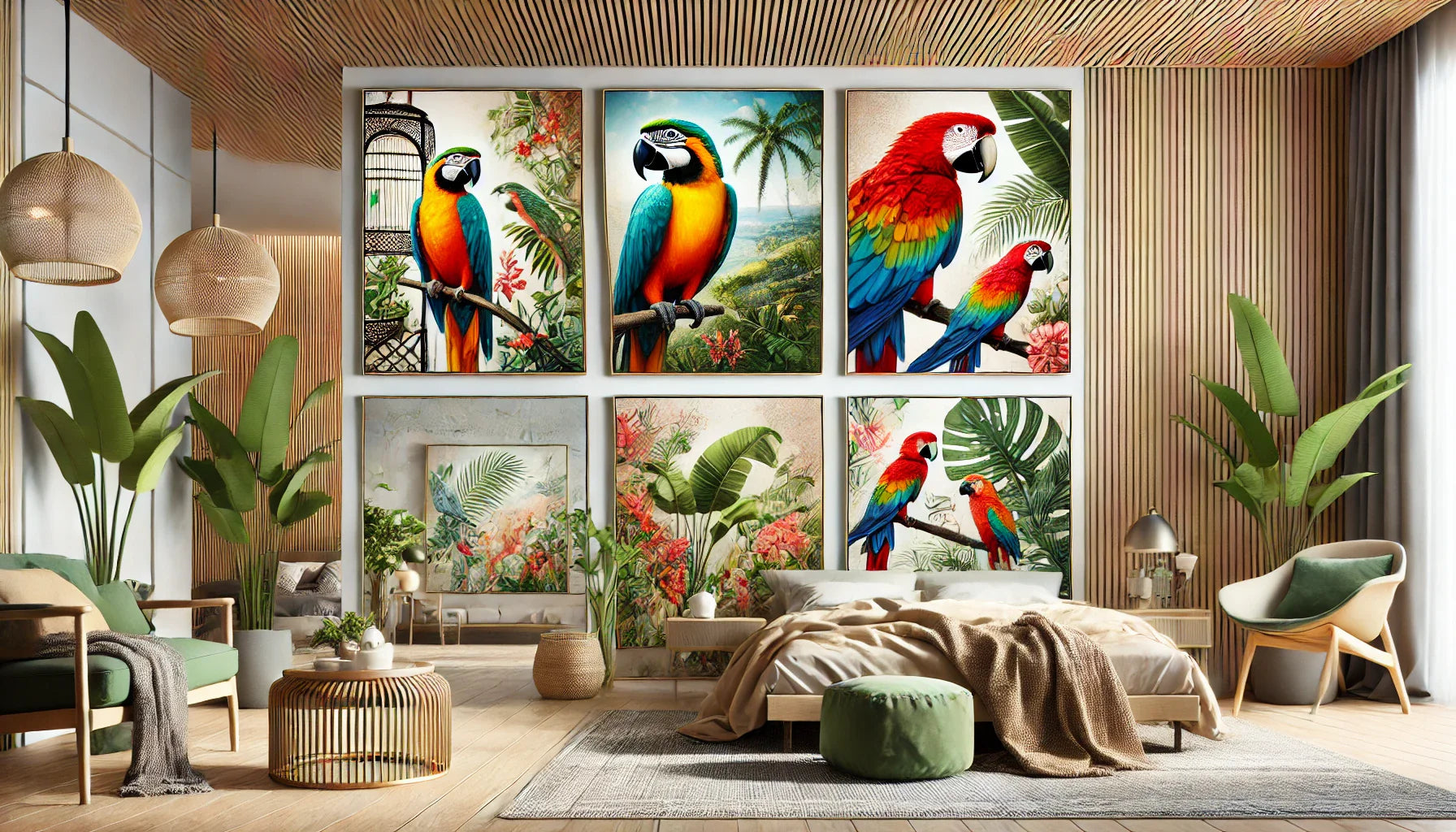 "Une composition horizontale regroupant quatre tableaux perroquet vibrant et élégant, parfaitement adaptés à une chambre exotique. Les œuvres mettent en avant des perroquets colorés entourés de détails tropicaux, créant une ambiance chaleureuse et accueil