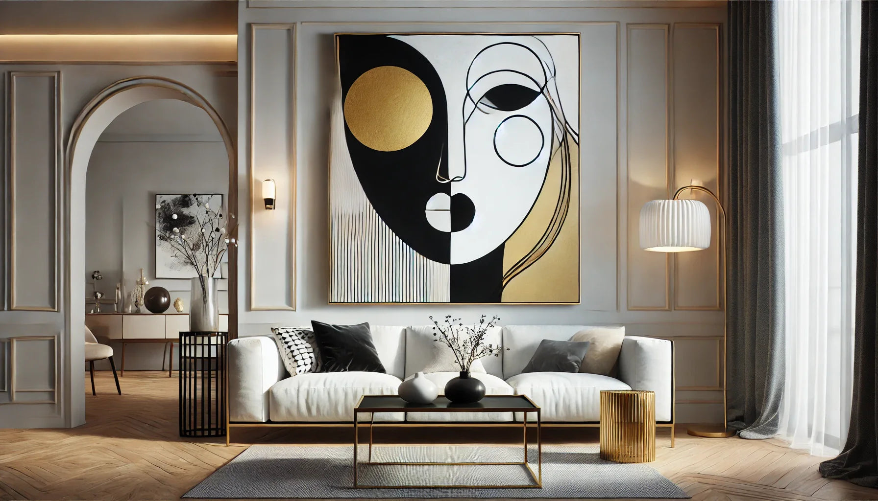 "Salon moderne avec tableau visage abstrait en noir, blanc et or, ajoutant une élégance minimaliste et contemporaine à l’espace."