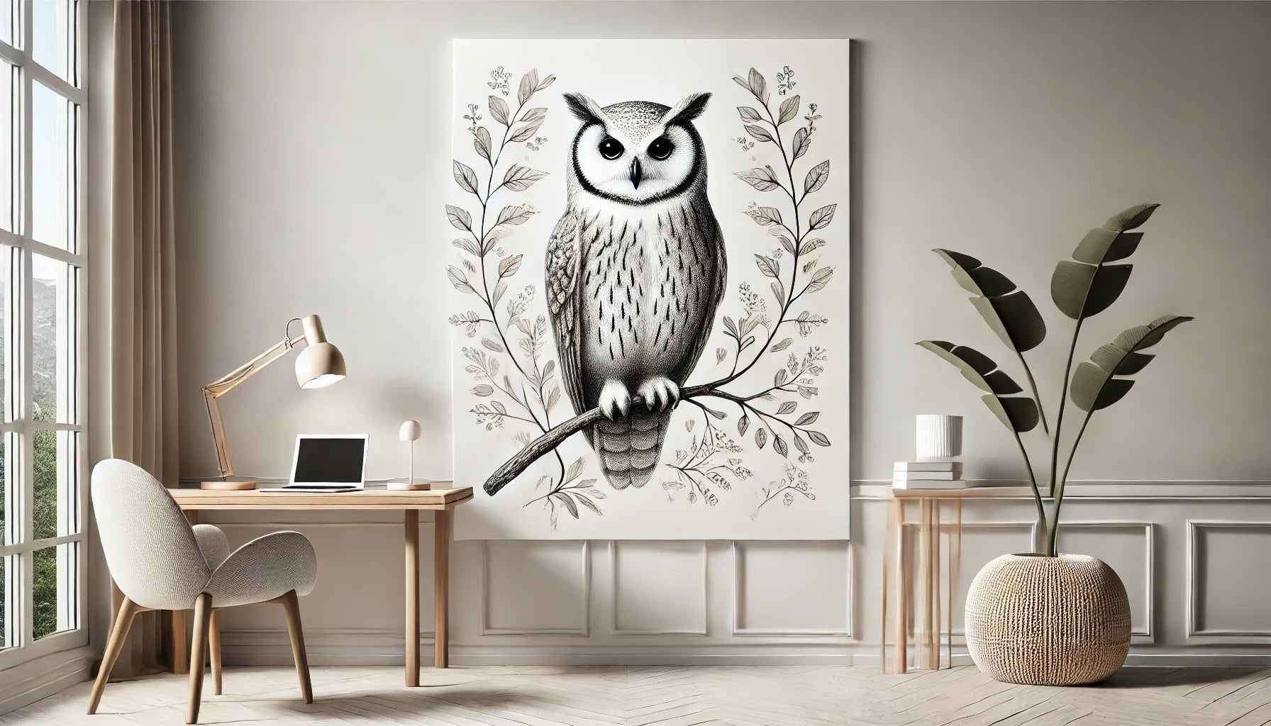 Tableau de chouette posée calmement sur une branche dans un bureau minimaliste, symbolisant la sagesse et la réflexion. L'atmosphère calme et sereine incite à la concentration et à la créativité. Le fond neutre crée un environnement de travail inspirant e