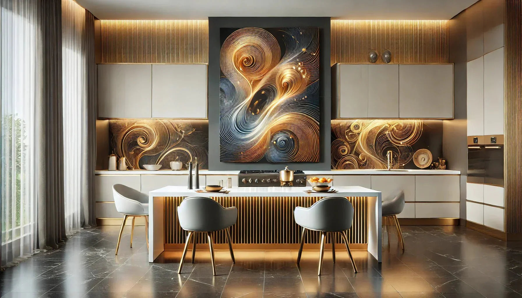 Une cuisine moderne et minimaliste avec un tableau abstrait en or et bleu, accroché au-dessus d’un îlot central, apportant une ambiance sophistiquée et lumineuse.