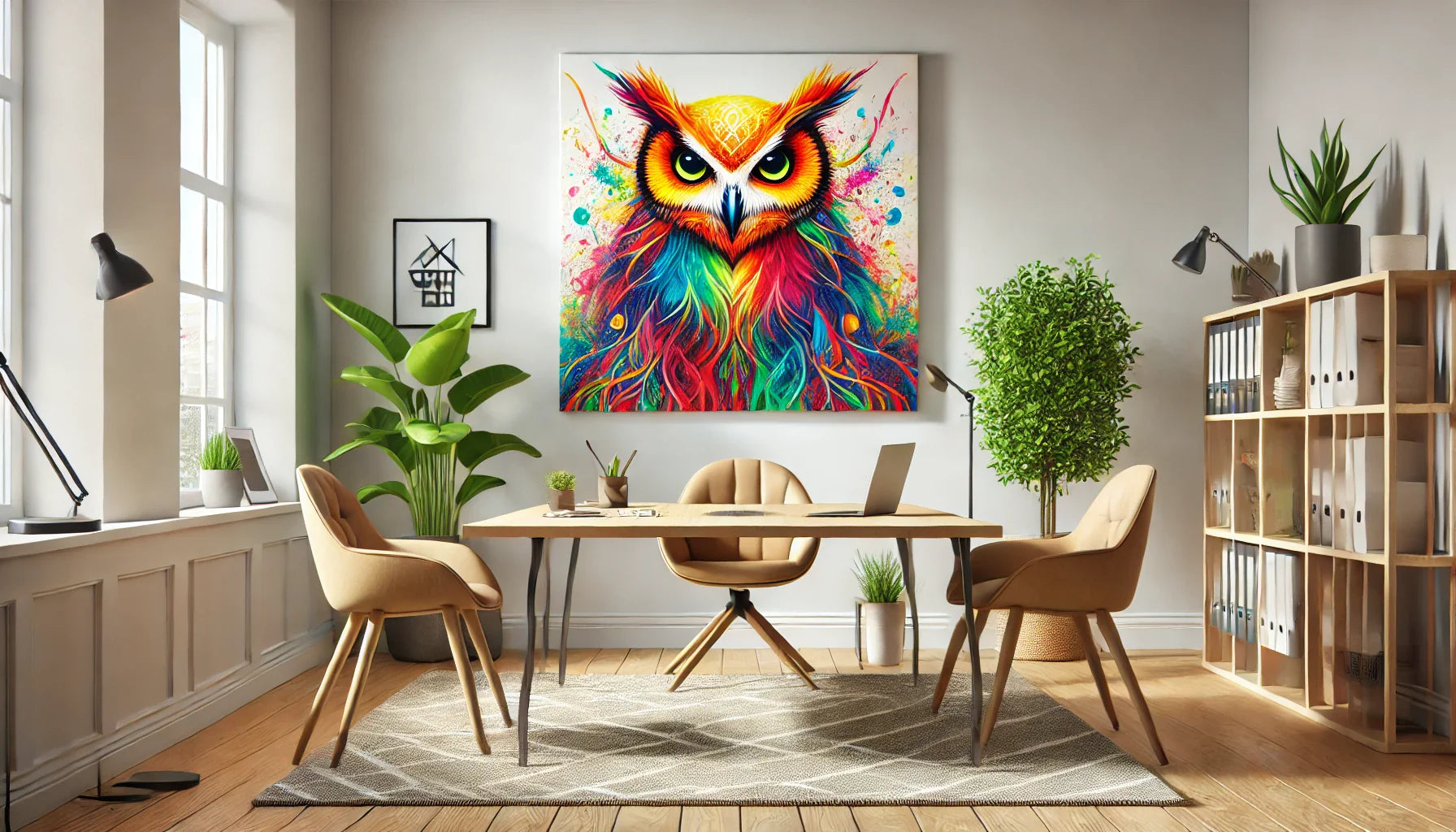 Tableau hibou dynamique dans un bureau moderne, avec des meubles en bois clair, un tapis neutre et des plantes. L’œuvre d'art vibrant et inspirant est le point focal du bureau, stimulant la créativité et l'énergie. Idéal pour un espace de travail moderne.