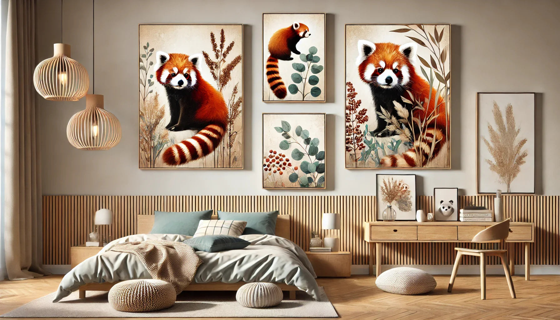 Une composition horizontale mettant en avant quatre tableaux panda roux. Chaque œuvre présente un design unique avec des tons naturels et apaisants, parfaits pour transformer une chambre en un espace de sérénité et de confort.