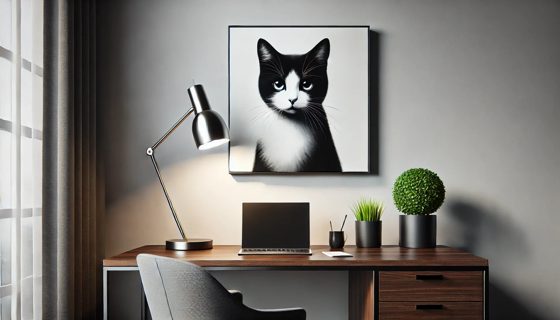 "Un tableau de chat en noir et blanc accroché dans un bureau moderne minimaliste. Le décor inclut un bureau en bois sombre, une lampe chromée, et une plante verte dans un pot noir, créant une ambiance élégante et professionnelle."