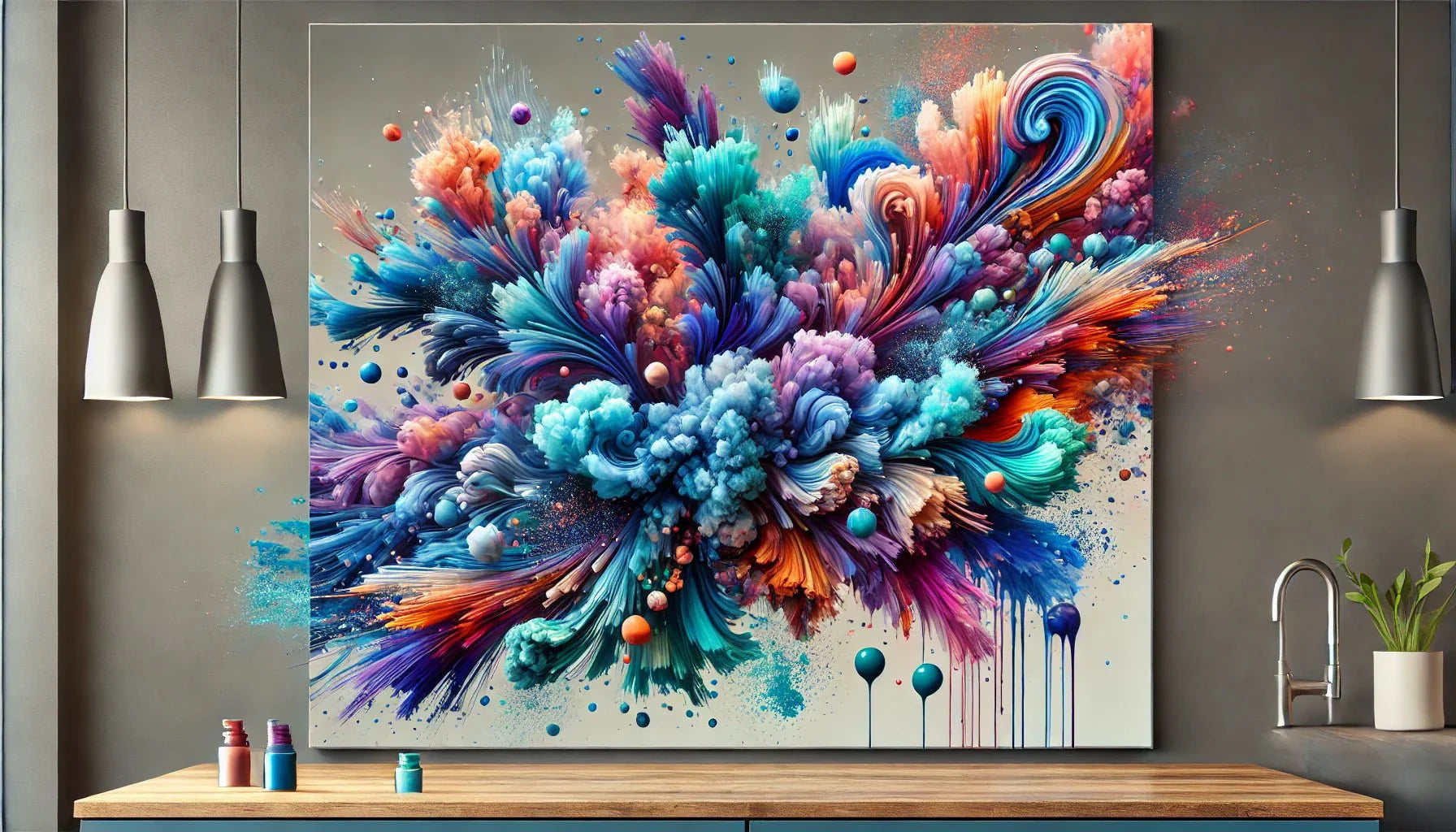 "Tableau abstrait explosion de couleurs vives, nuances de rouge, bleu et jaune, parfait pour dynamiser une cuisine moderne."