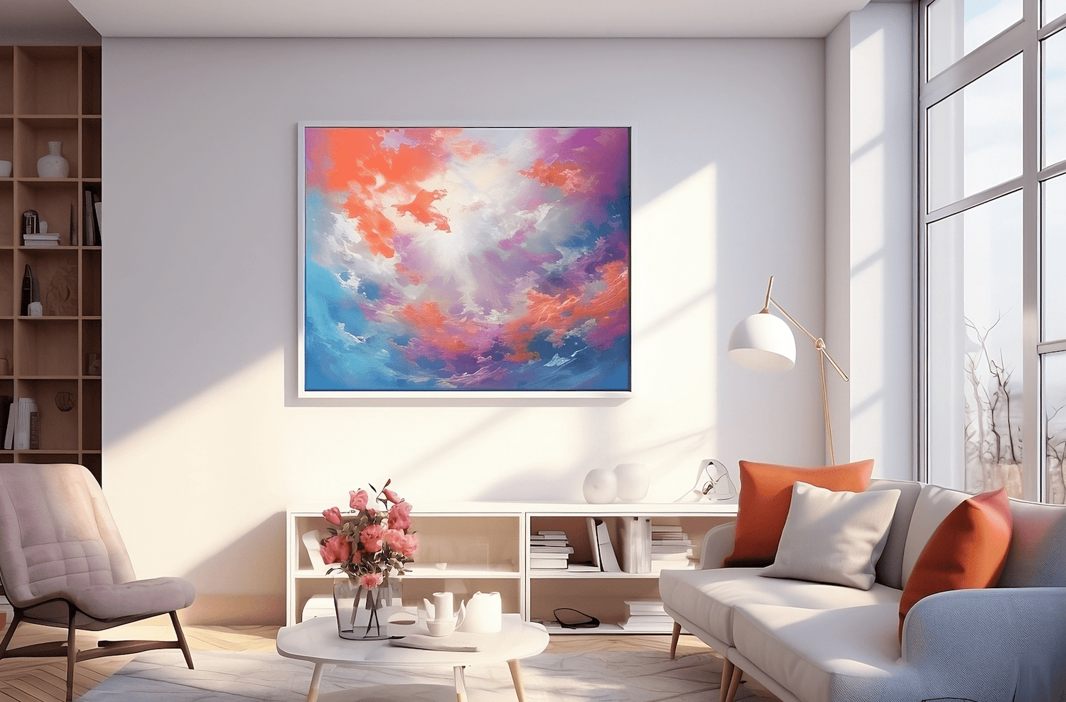 Peinture abstraite colorée dans un salon moderne avec des meubles élégants