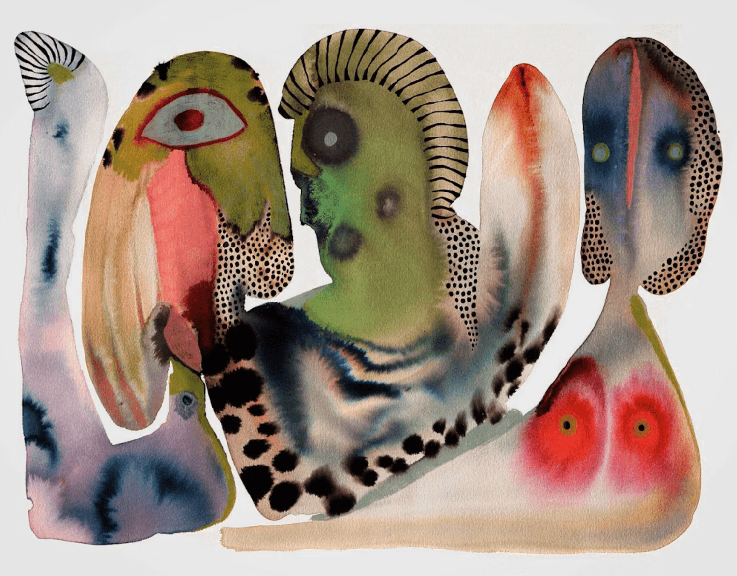 Peinture moderne colorée illustrant des formes abstraites et des visages stylisés