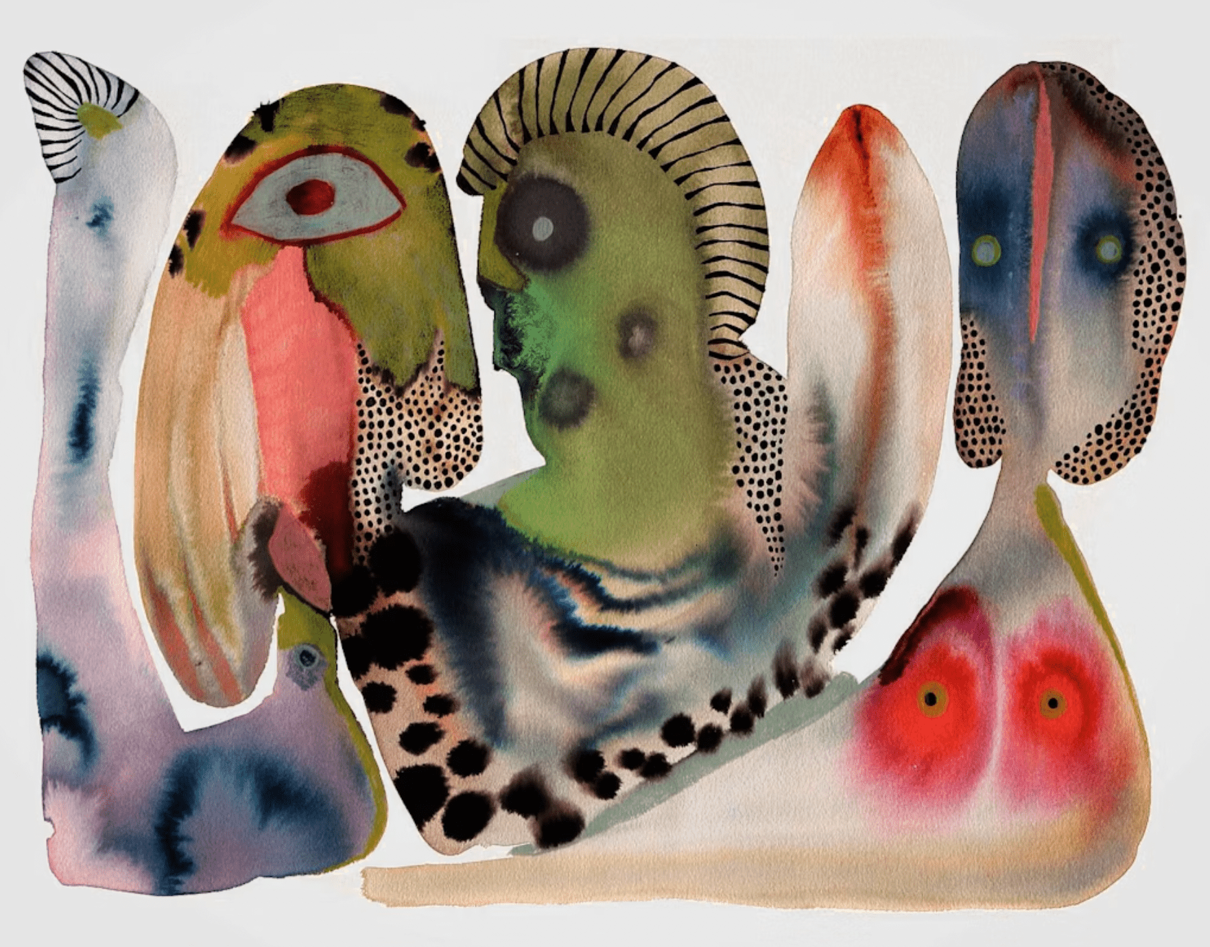 Peinture moderne colorée illustrant des formes abstraites et des visages stylisés