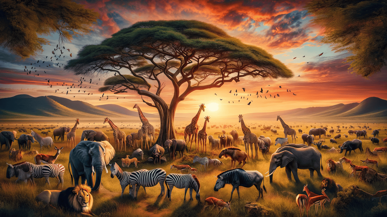 Scène animalière de savane africaine avec divers animaux sous un ciel coloré au coucher du soleil
