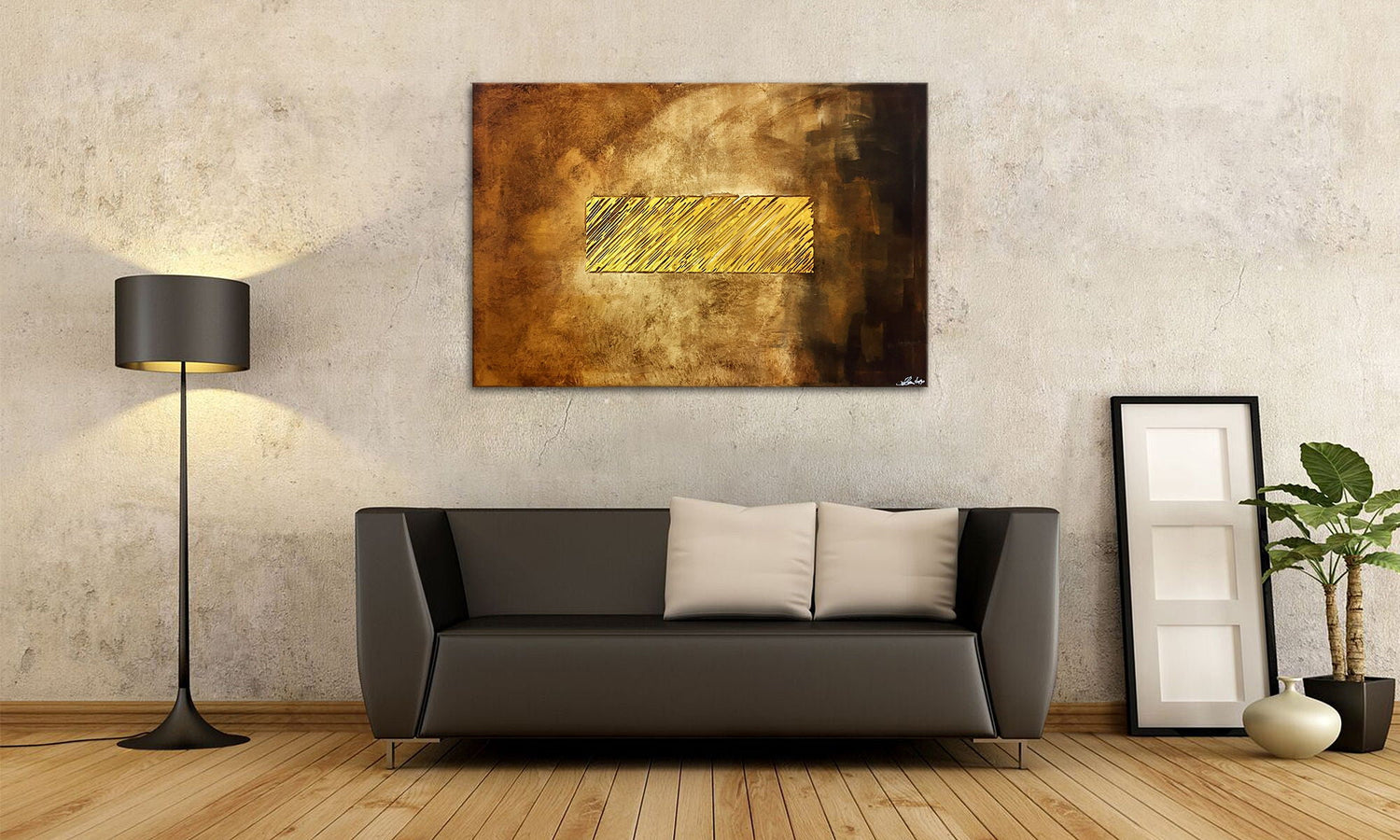 Tableau moderne avec un motif jaune sur un mur beige dans un salon élégant et contemporain