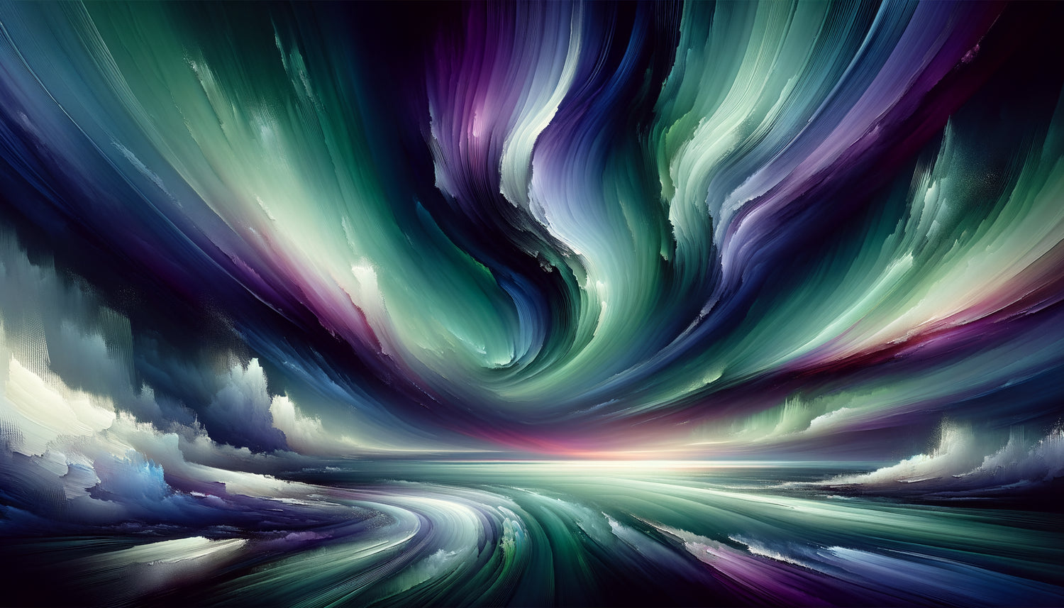 Peinture abstraite contemporaine inspirée des aurores australes, palette verts profonds et pourpres magnétiques, composition horizontale fluide océanique