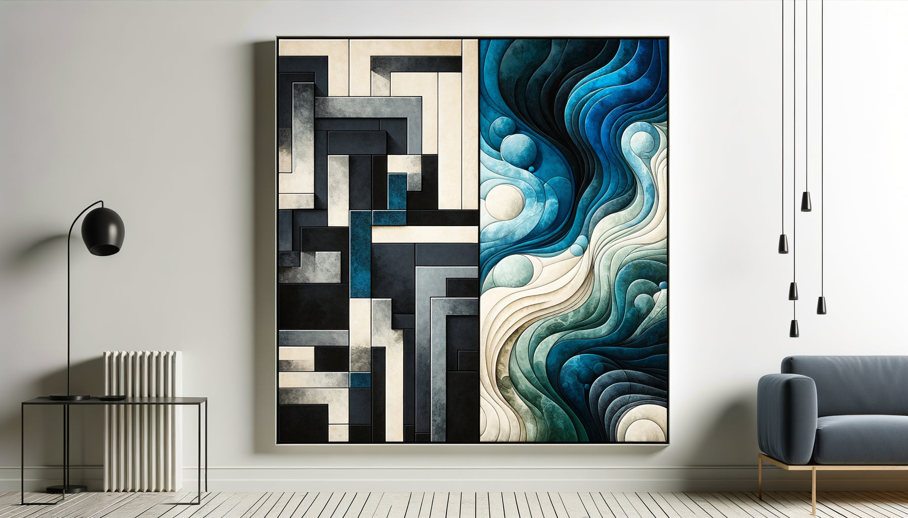Comparaison visuelle entre abstraction géométrique structurée et abstraction fluide organique, deux peintures côte à côte montrant le contraste