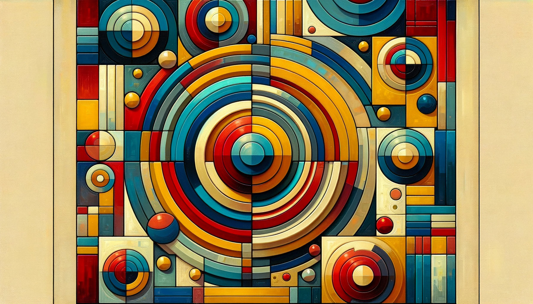 Peinture abstraite géométrique aux formes circulaires et angulaires vibrantes, style pionnières abstraction féminine début 20ème siècle