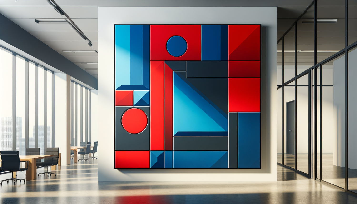 Abstraction géométrique minimaliste style Frank Stella et Ellsworth Kelly, formes pures et couleurs vives structurant l'espace