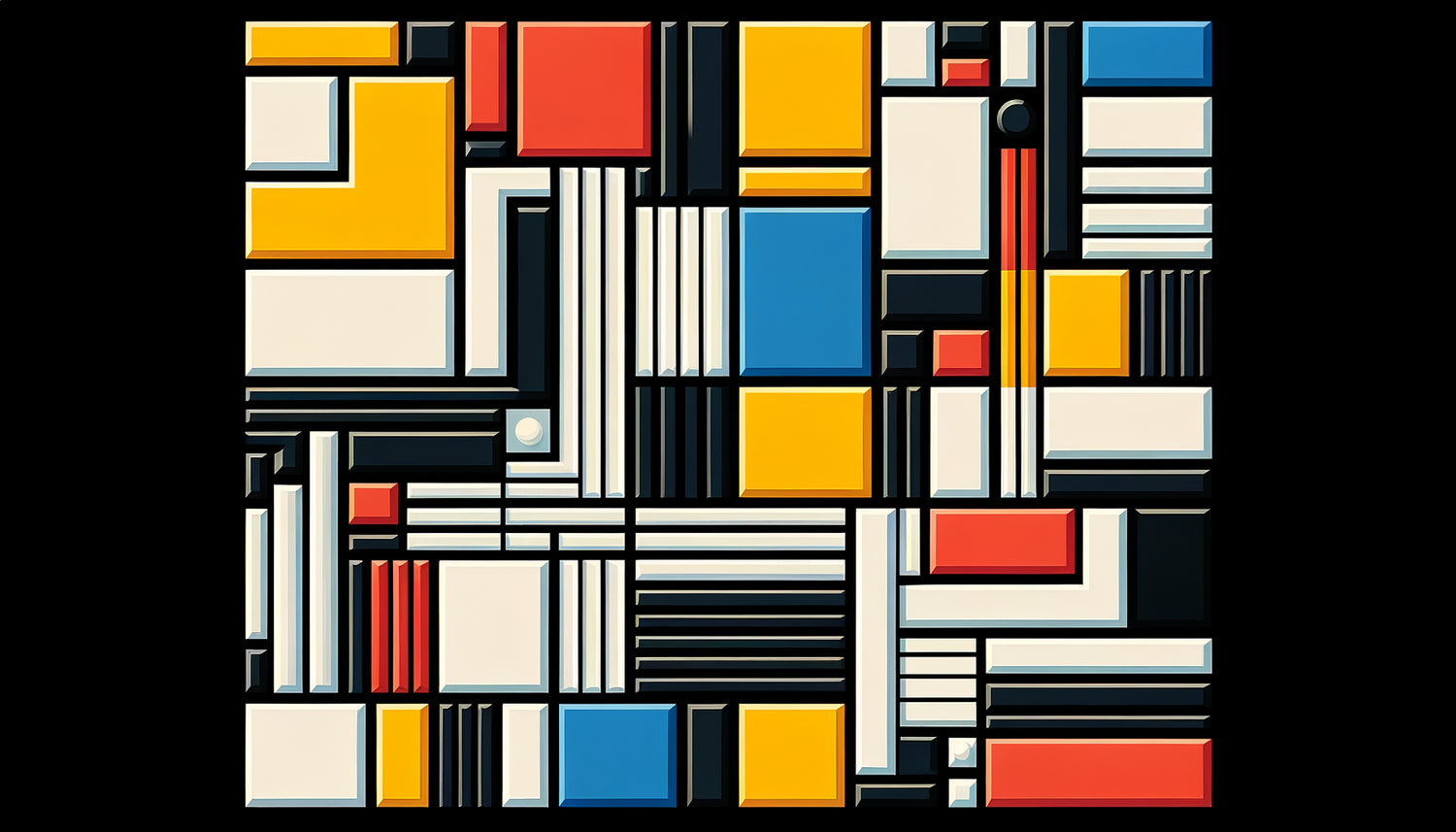 Composition géométrique abstraite De Stijl avec lignes noires orthogonales et couleurs primaires, style Mondrian 1917