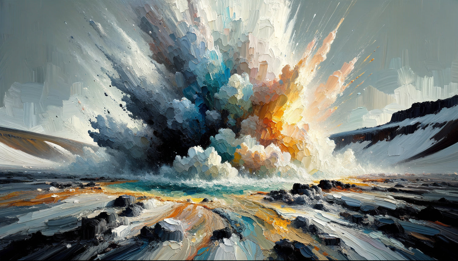 Peinture abstraite contemporaine islandaise inspirée par l'éruption d'un geyser, palette minérale volcanique, composition explosive verticale