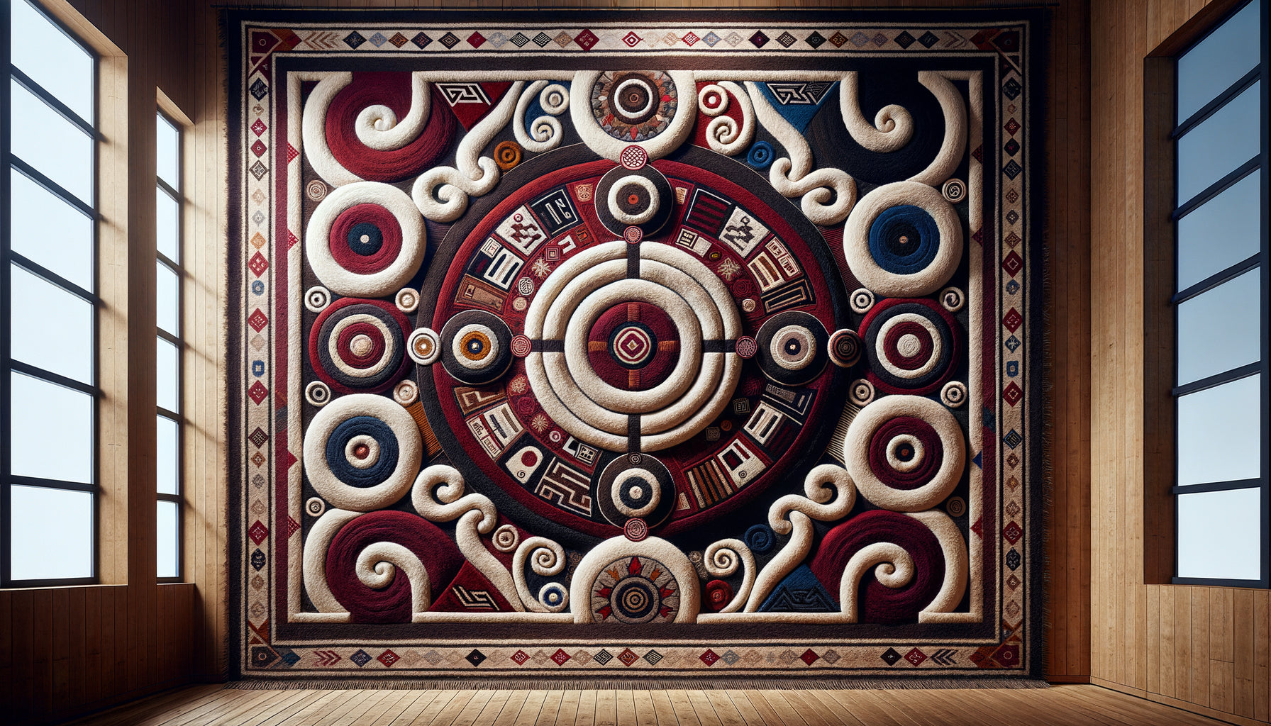 Textile monumental kirghiz traditionnel en feutre avec motifs géométriques abstraits ancestraux des steppes d'Asie centrale