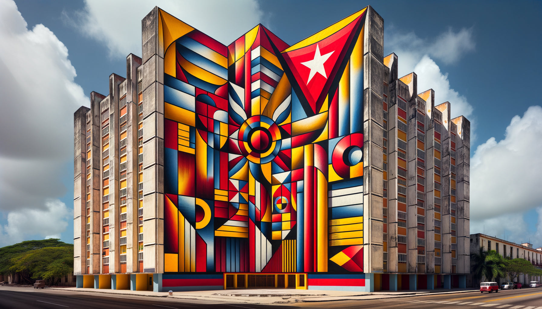 Murale cubaine post-révolutionnaire des années 1970, abstraction géométrique socialiste aux formes épurées et couleurs primaires vives