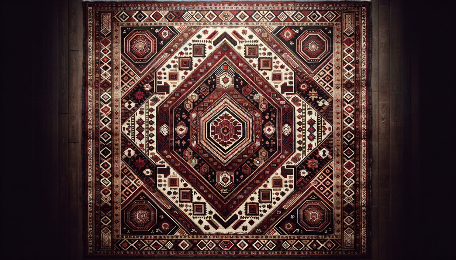 Tapis turkmène traditionnel aux motifs géométriques abstraits sophistiqués, rouge profond avec médaillons tribaux caractéristiques