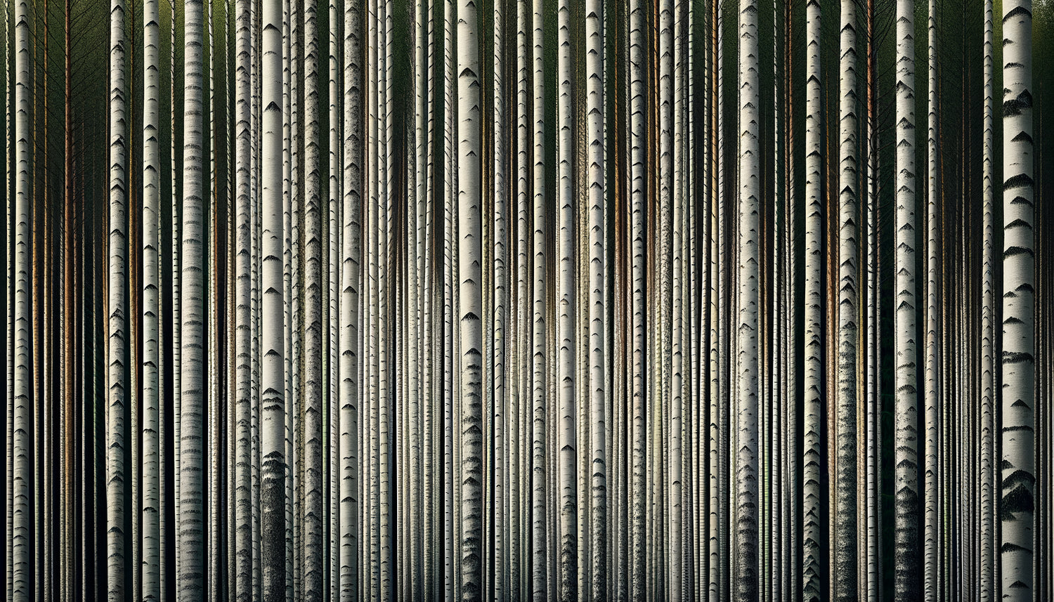 Forêt boréale finlandaise aux troncs élancés créant un rythme vertical abstrait caractéristique du design nordique