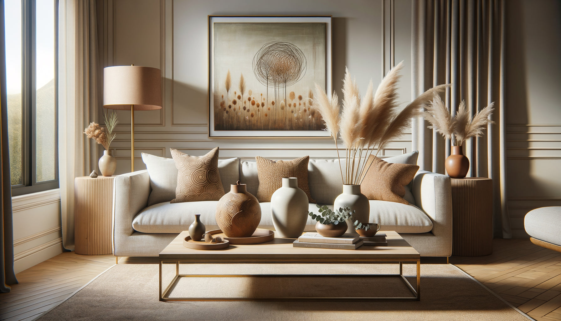 Salon Airbnb moderne décoré avec accessoires tendance : tableau mural, coussins texturés, vases céramique et plantes séchées