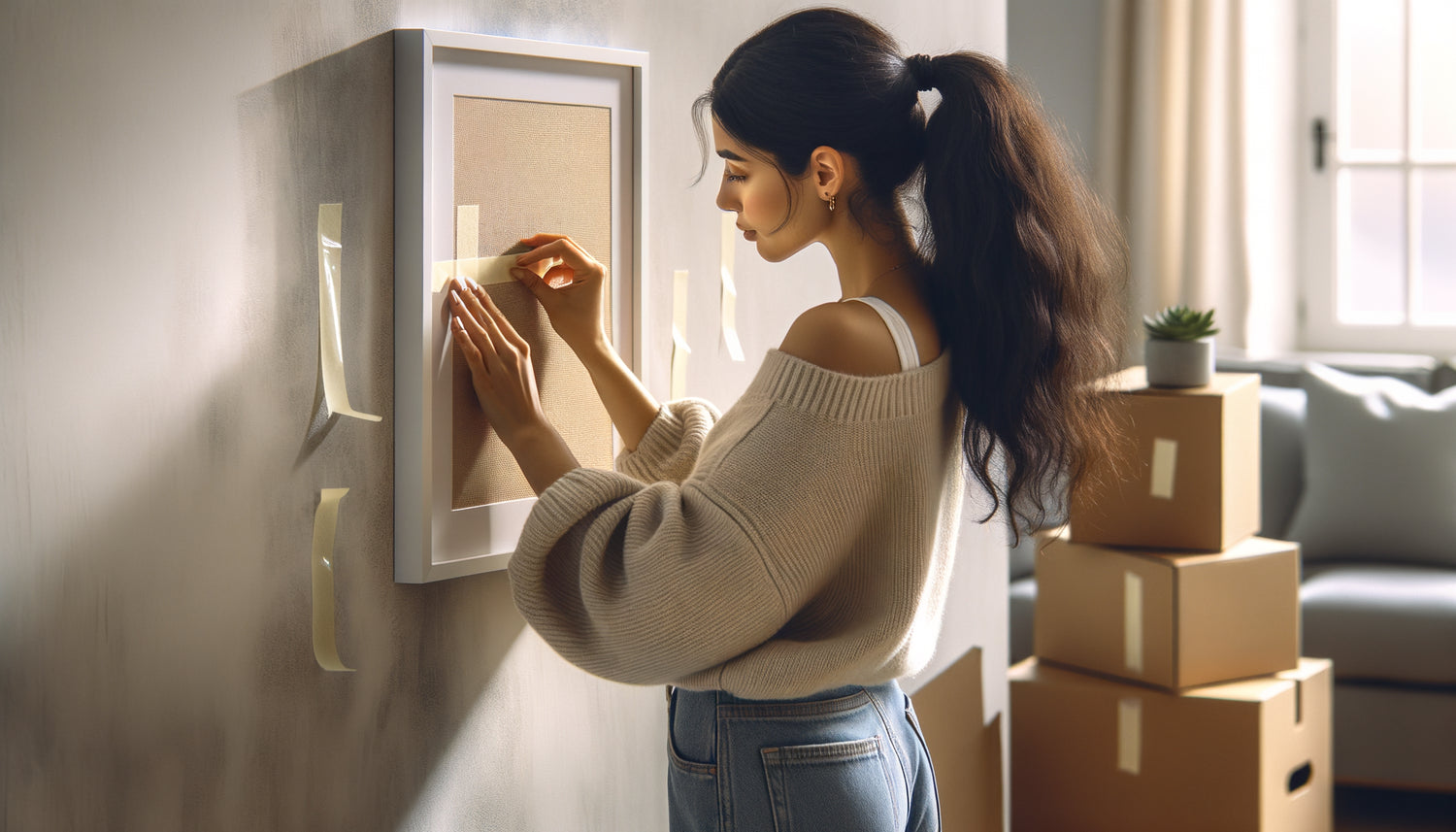 Femme installant des bandes adhésives amovibles pour accrocher un cadre sur mur blanc, aménagement contemporain temporaire