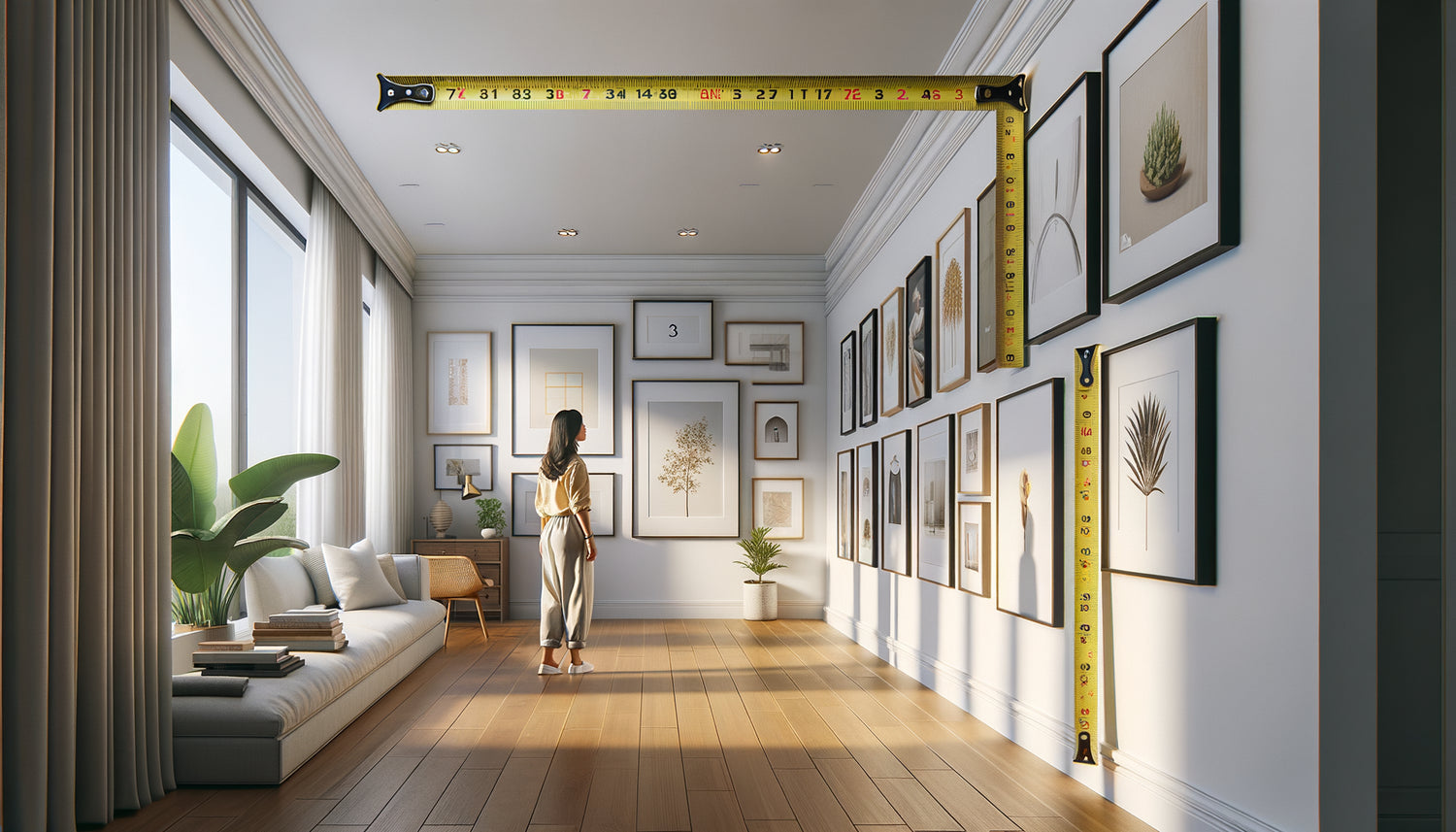 Couloir moderne avec tableaux accrochés à 145cm de hauteur, mesure visible, ambiance galerie résidentielle contemporaine