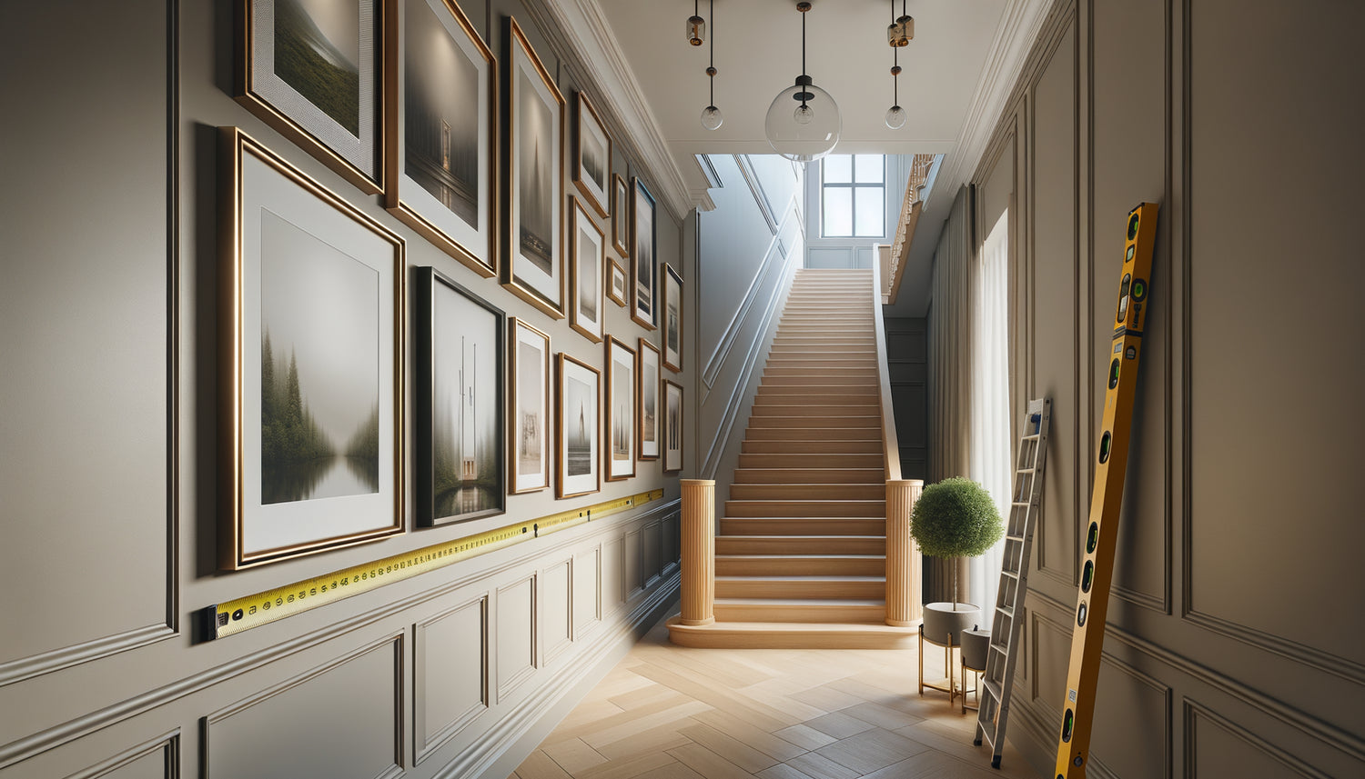 Couloir contemporain avec escalier montrant l'accrochage harmonieux de tableaux suivant la ligne ascendante