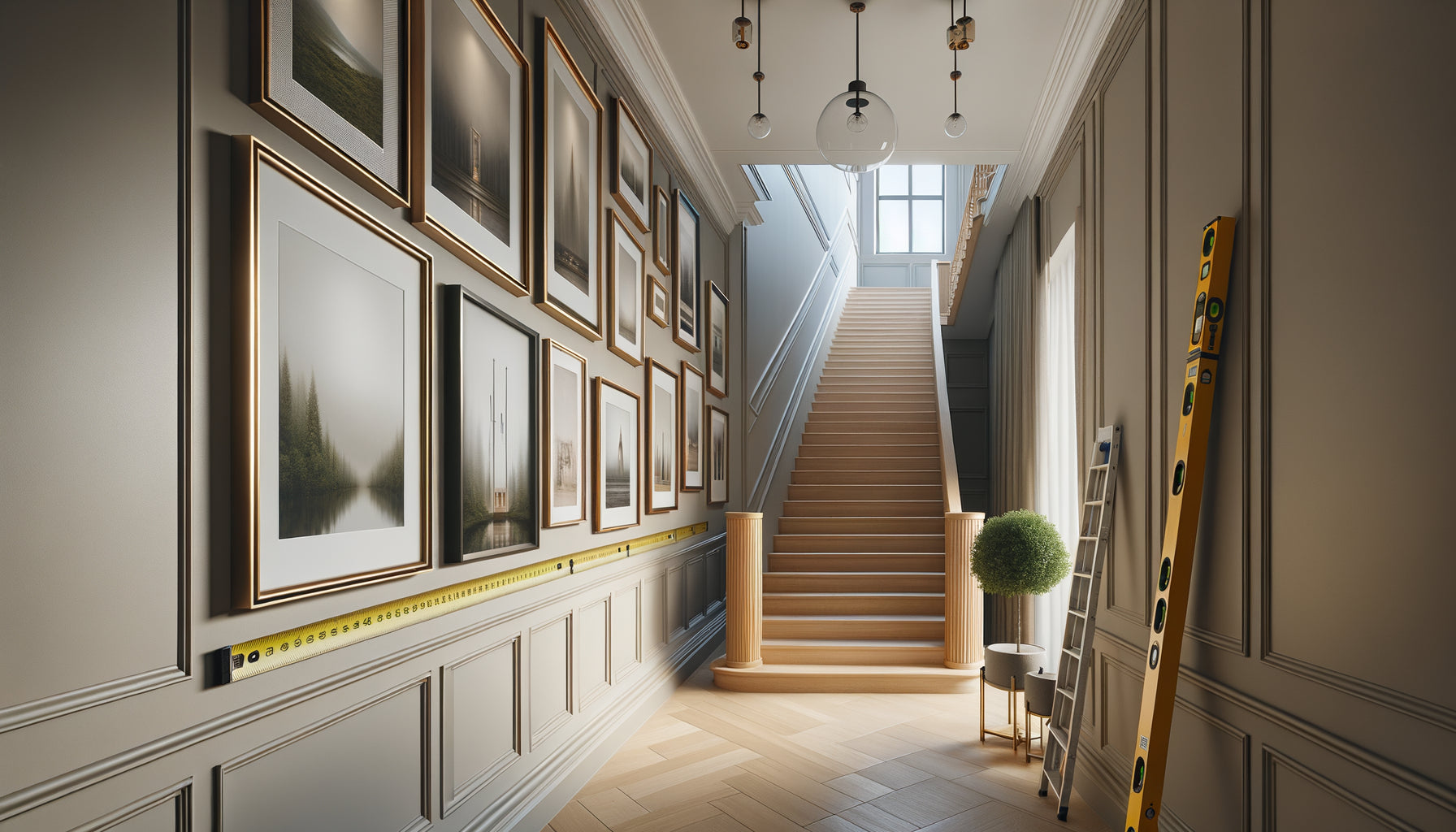 Couloir contemporain avec escalier montrant l'accrochage harmonieux de tableaux suivant la ligne ascendante