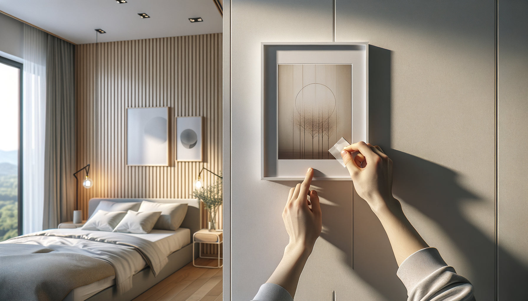 Personne installant un tableau sur un mur blanc avec des bandes adhésives amovibles dans une chambre de location contemporaine